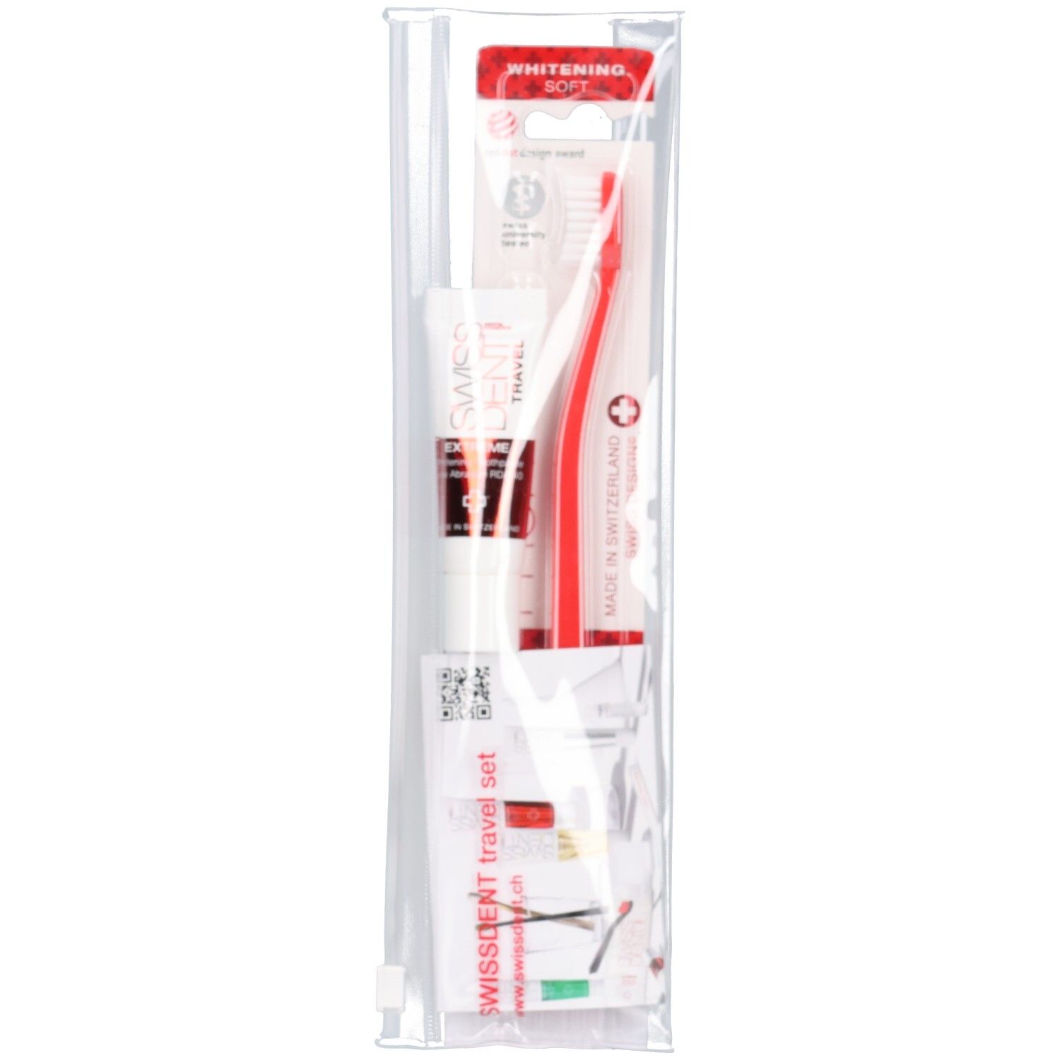 Reisset in transparante verpakking. Bevat tandpasta, tandenborstel en andere items. SWISSDENT Travel Set.