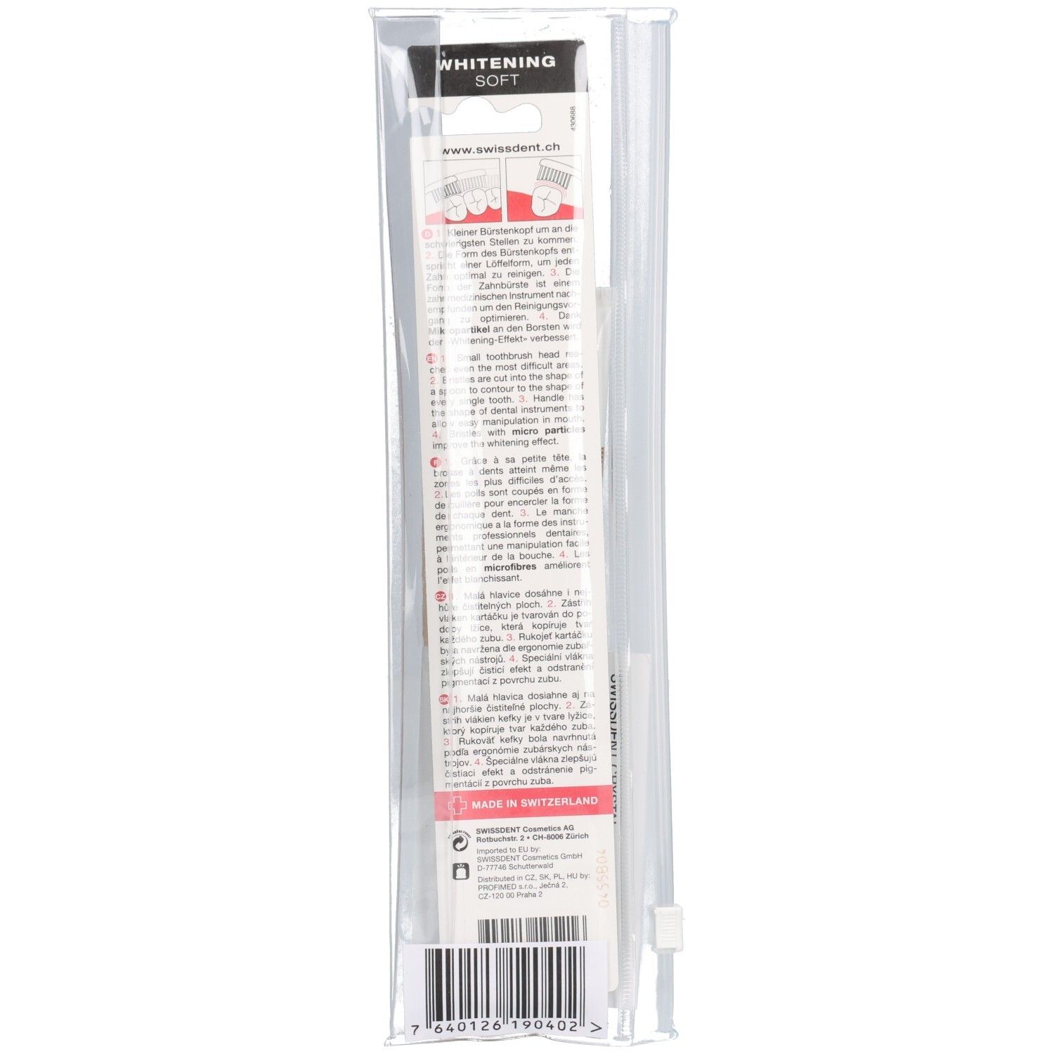 Transparante verpakking met tandenborstel. Opdruk: WHITENING SOFT, Made in Switzerland. Barcode en tekst in meerdere talen.