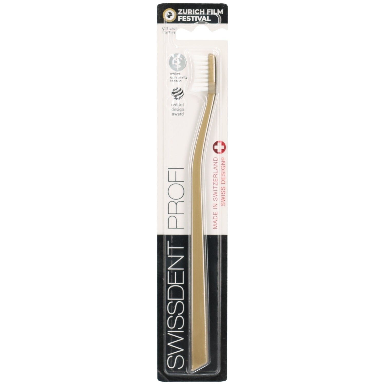 Tandenborstel Swissdent Profi Whitening Classic Golden in verpakking. Gouden handvat, witte borstelkop. Zwart-witte verpakking.