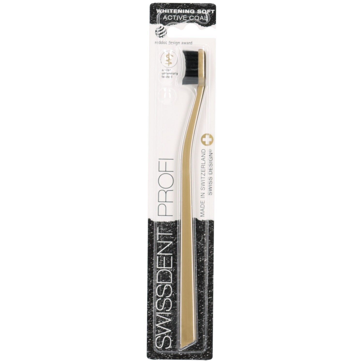 Tandenborstel met zwarte borstelkop en gouden handvat. Verpakking met productnaam en logo.