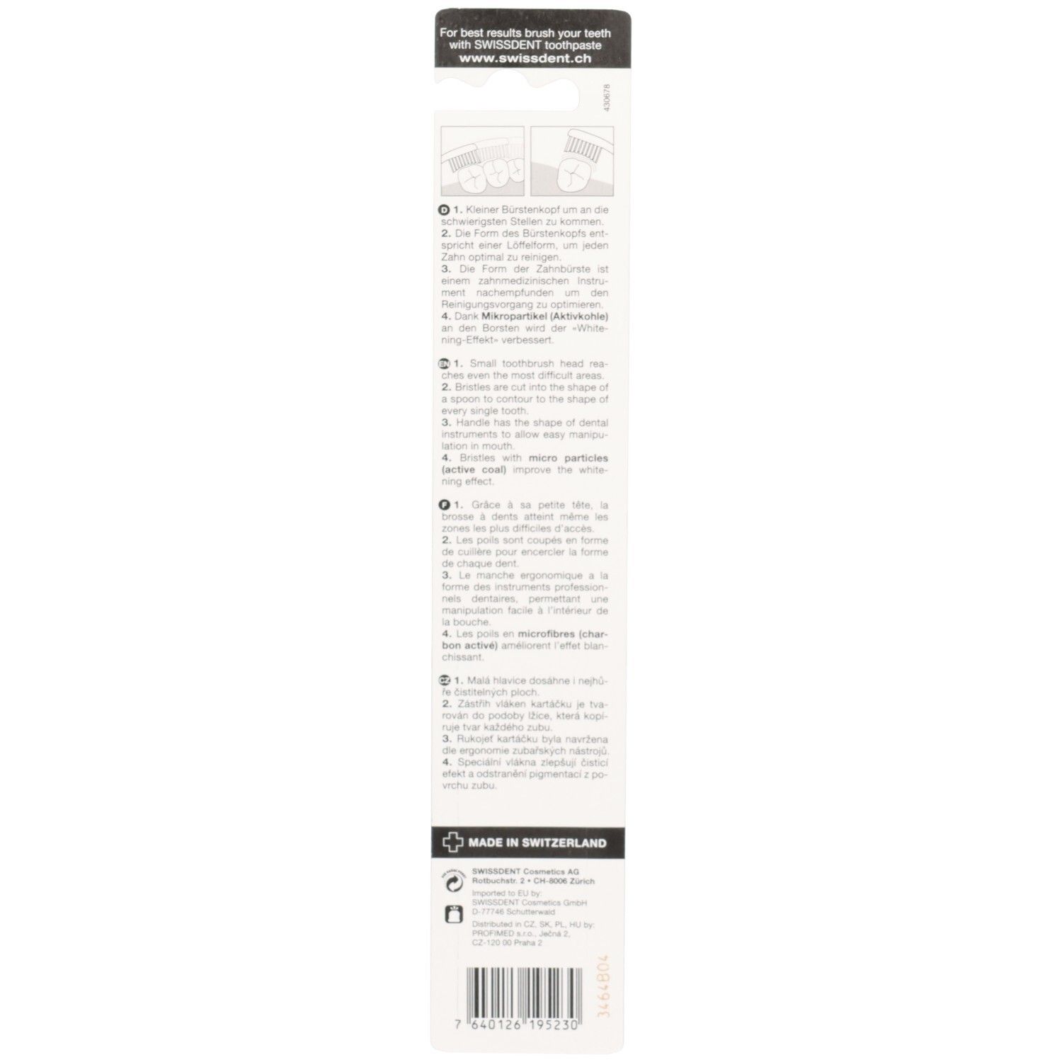 Achterkant van de productverpakking. Meertalige tekst, instructies en barcode.