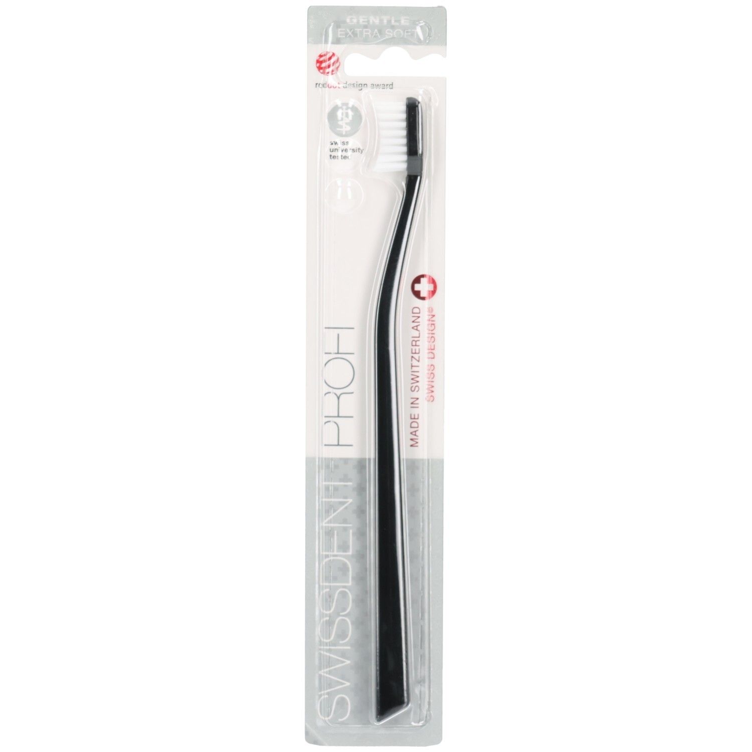 Zwarte tandenborstel SWISSDENT GENTLE CLASSIC PROFI in blisterverpakking. Zwarte handgreep, witte borstelkop. Rode stip.