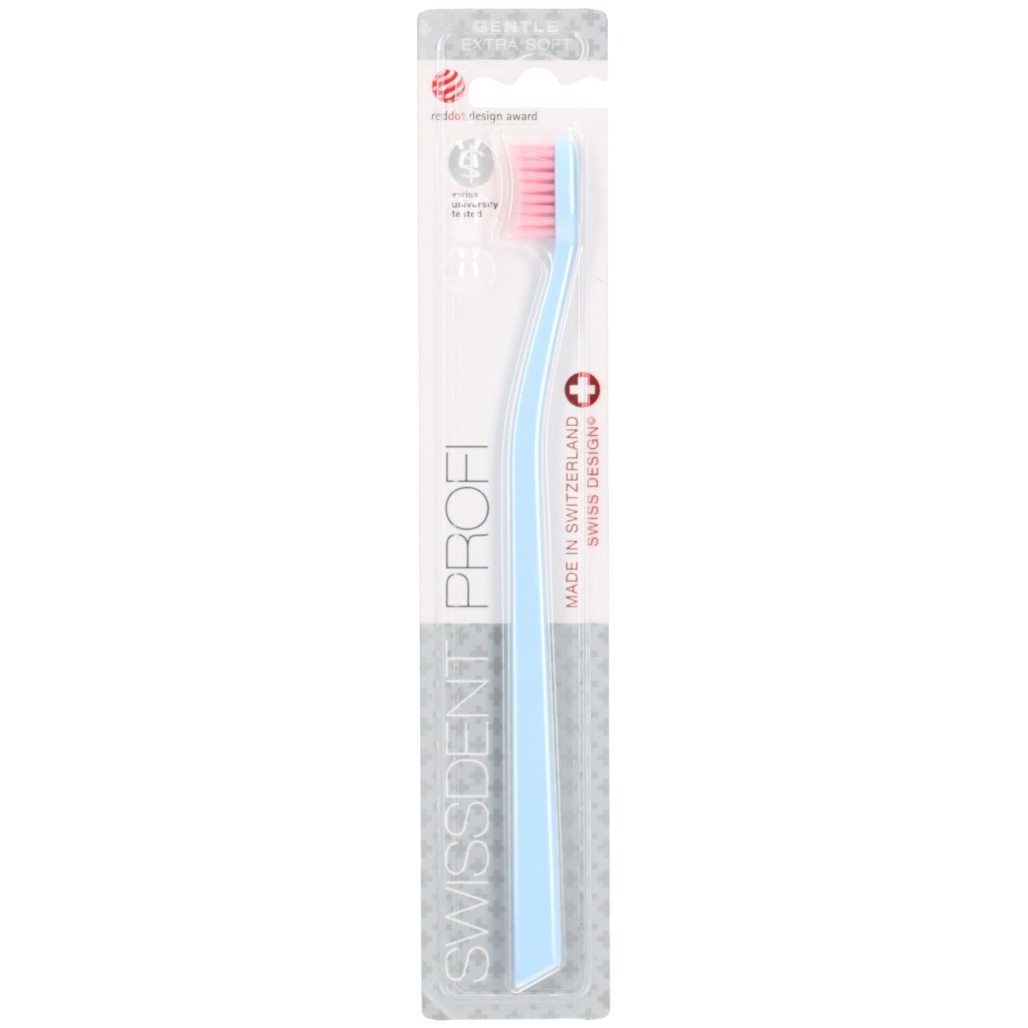 Lichtblauwe tandenborstel, roze borstelharen, transparante verpakking. SWISSDENT PROFI, Made in Switzerland, Red Dot Design Award.