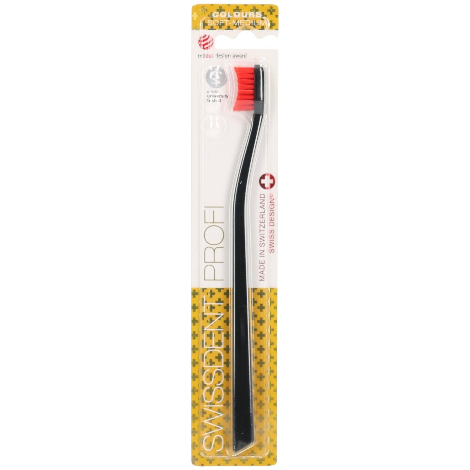 Zwarte tandenborstel met rode borstelkop in verpakking. SWISSDENT COLOURS CLASSIC, PROFI. Rode punt: Swiss Design.