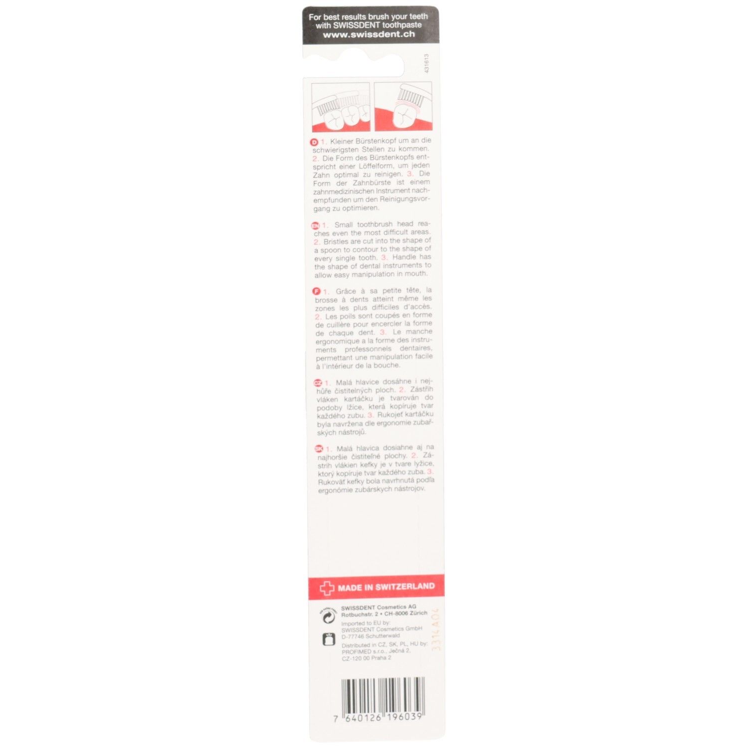 Achterkant van de blisterverpakking. Tekst en illustraties. Opschrift: MADE IN SWITZERLAND. Barcode en logo.