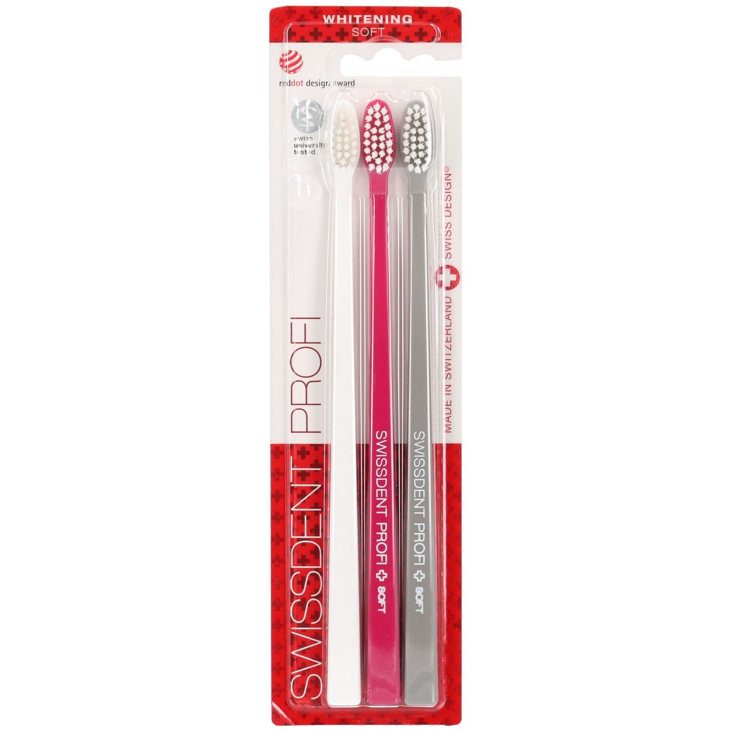 Tandborstelset. Drie borstels in wit, roze en grijs. SWISSDENT PROFI, WHITENING SOFT. Verpakking met rode achtergrond.