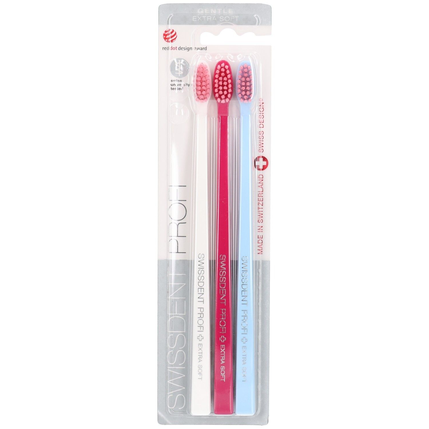 Tandborstelset. Drie borstels: wit, roze, blauw. SWISSDENT PROFI. Extra Soft. Verpakking.