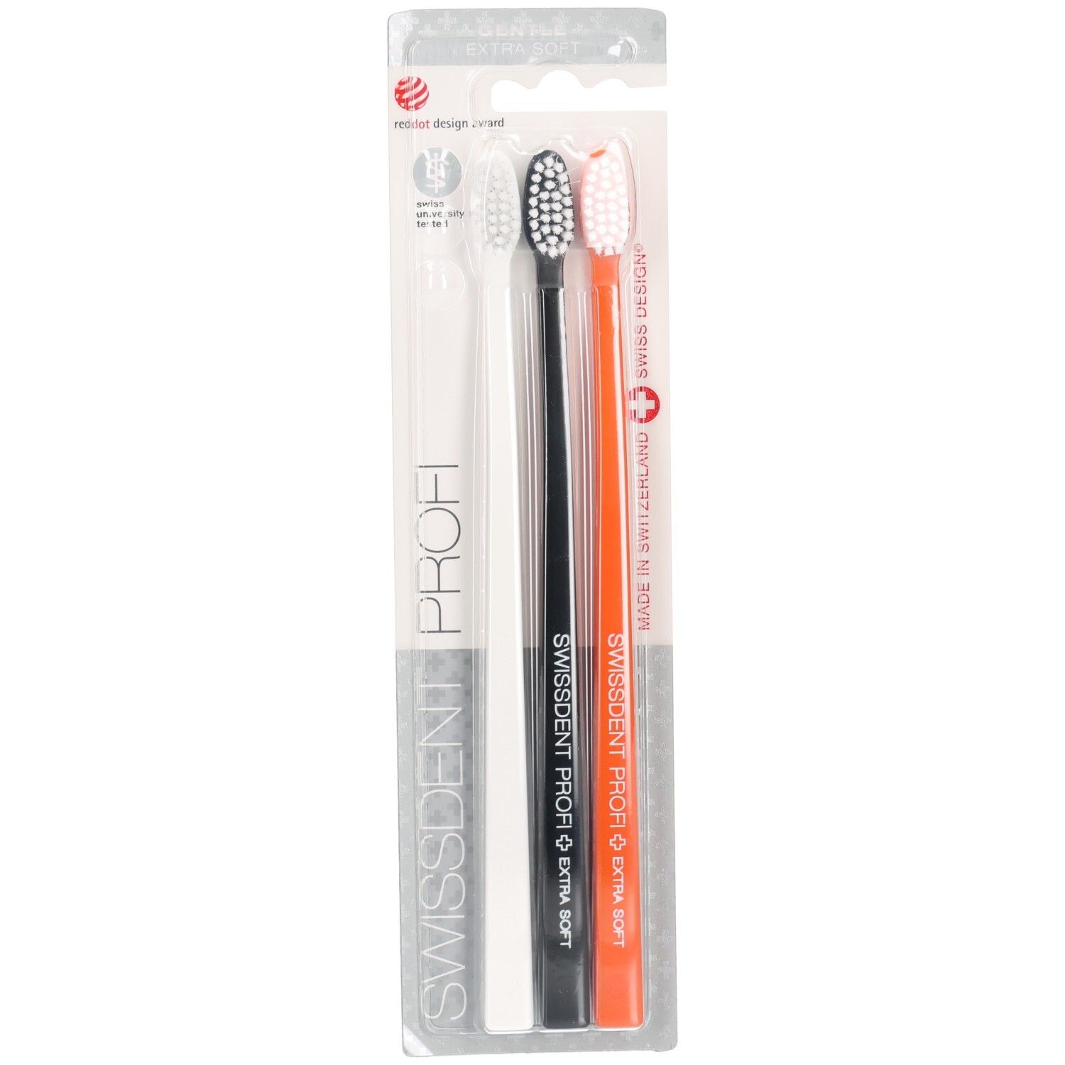 Tandborstelset. Drie borstels: wit, zwart, oranje. SWISSDENT PROFI. Extra Soft. Verpakking met logo.