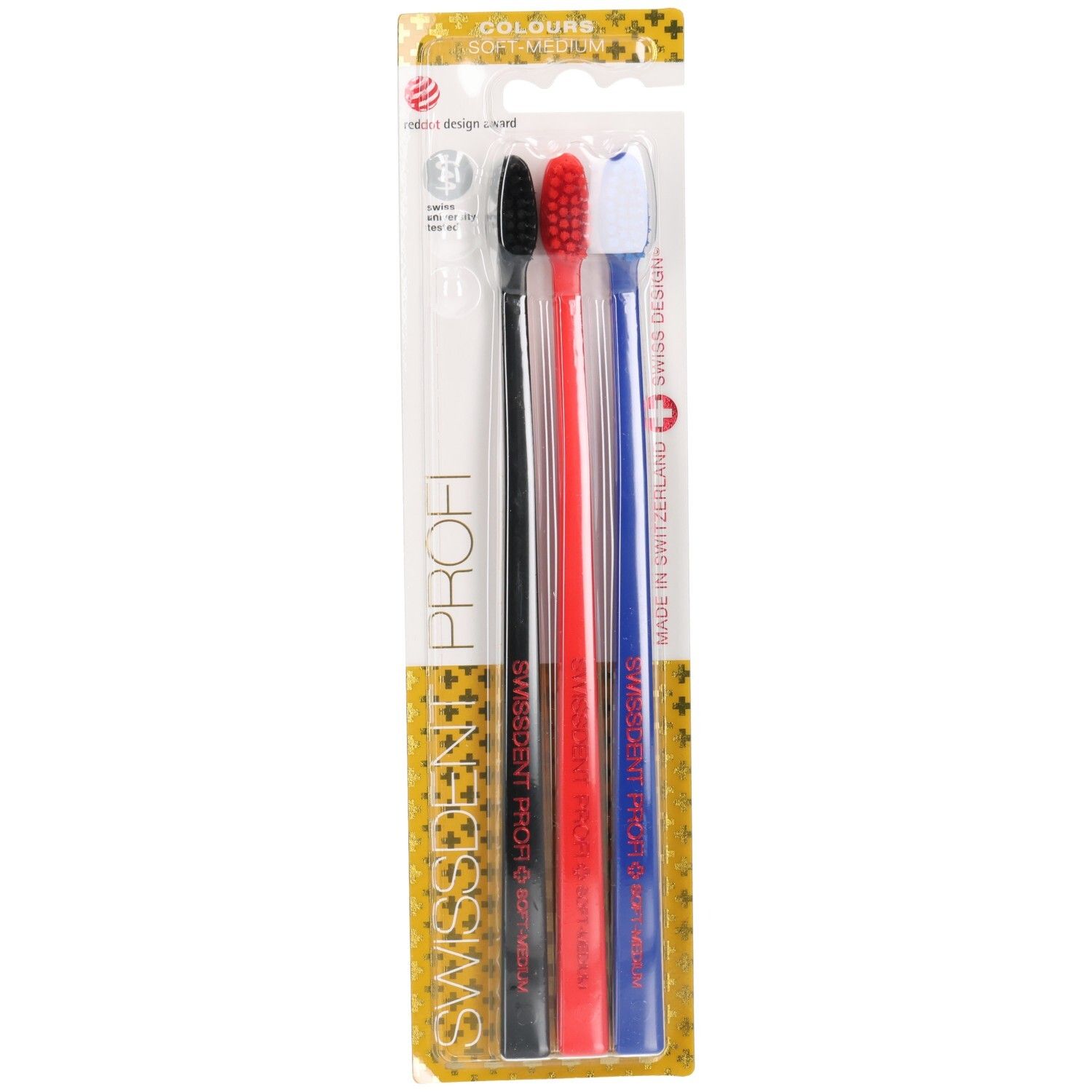 Drie tandenborstels in verpakking. Zwart, rood en blauw. Swissdent Profi. Zachte tot medium borstelharen.