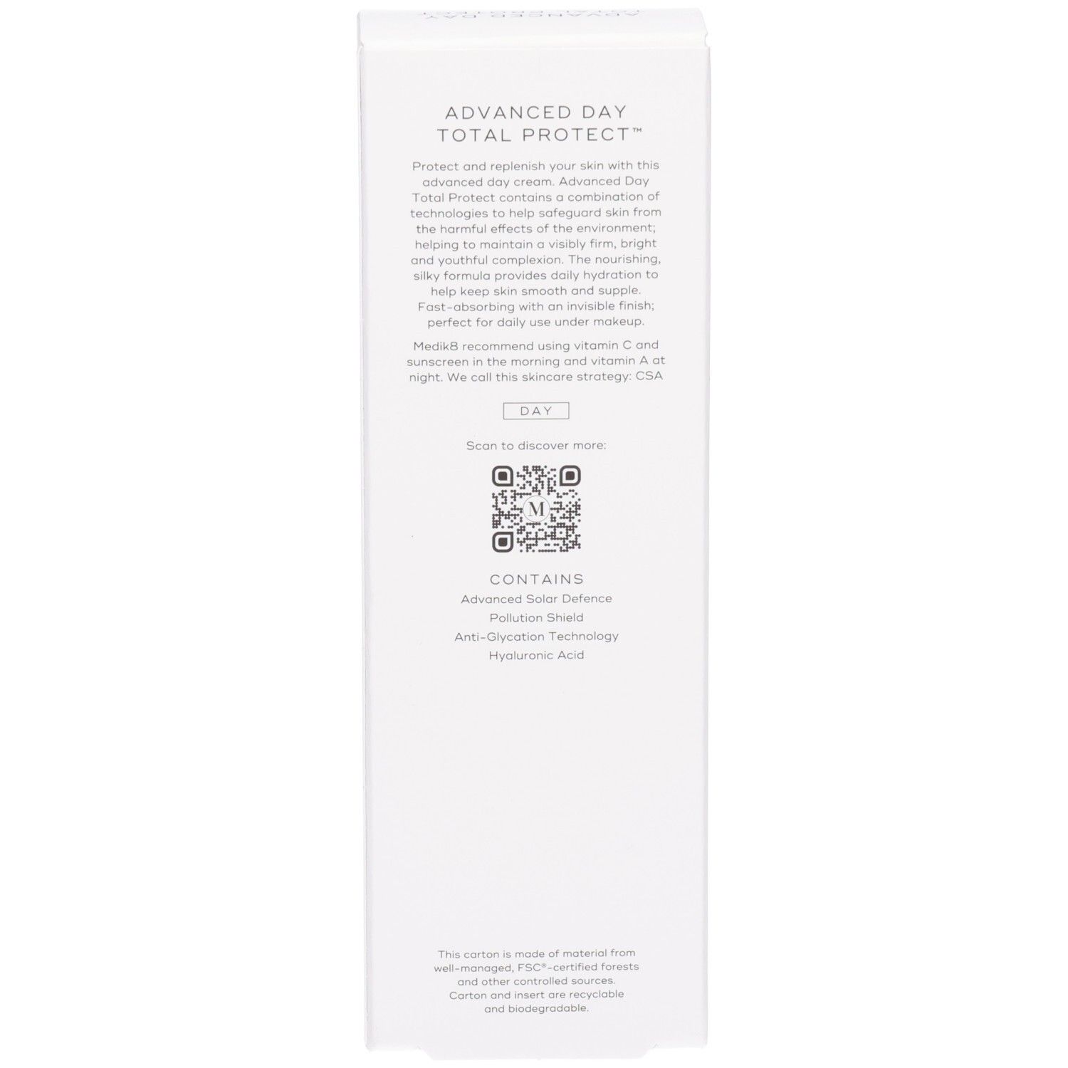 Zijkant van de Medik8 Advanced Day Total Protect doos met instructies en QR-code.