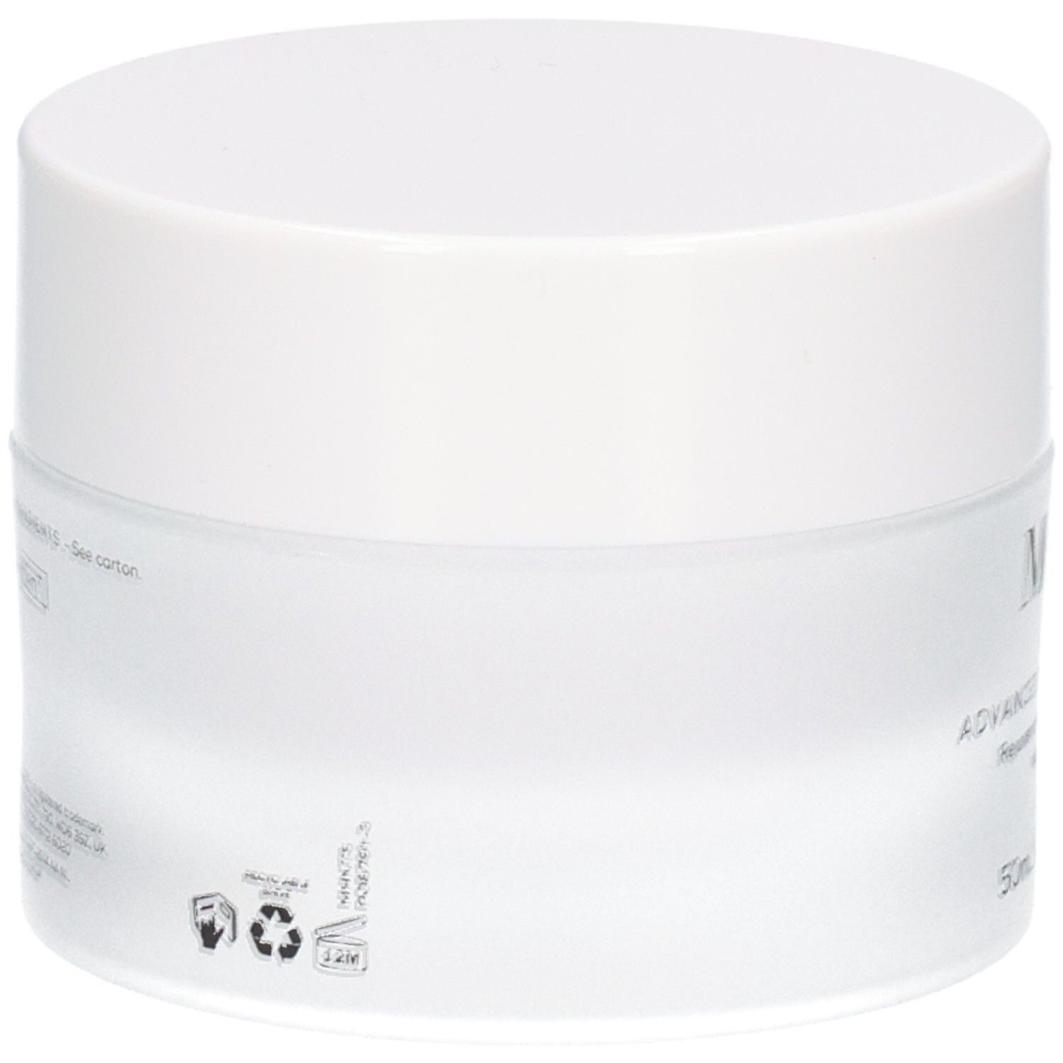 Pot blanc Medik8 Advanced Night Restore, vue latérale avec symboles de recyclage.