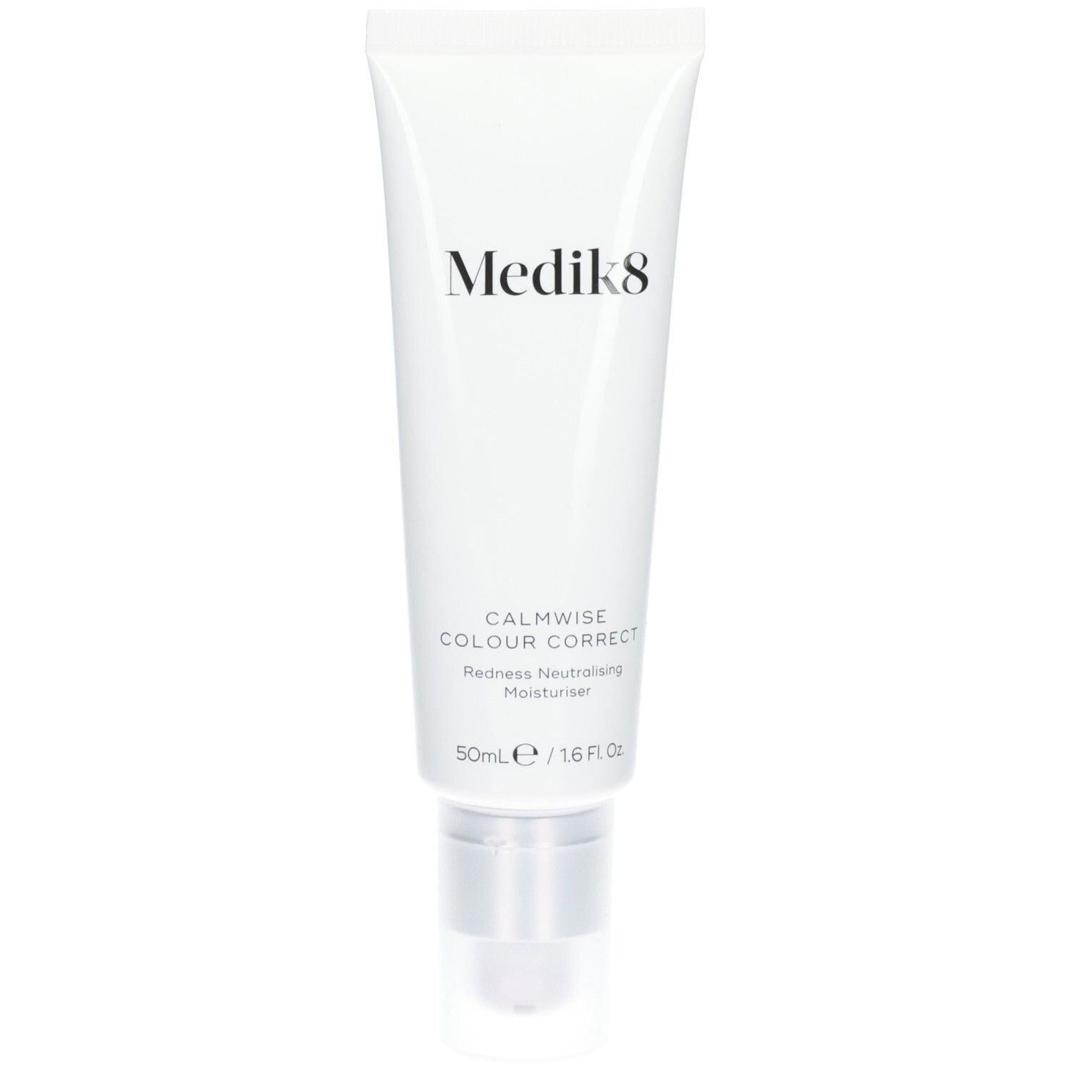 Tube blanc avec logo Medik8 et nom du produit 'Calmwise Colour Correct'. 50ml.