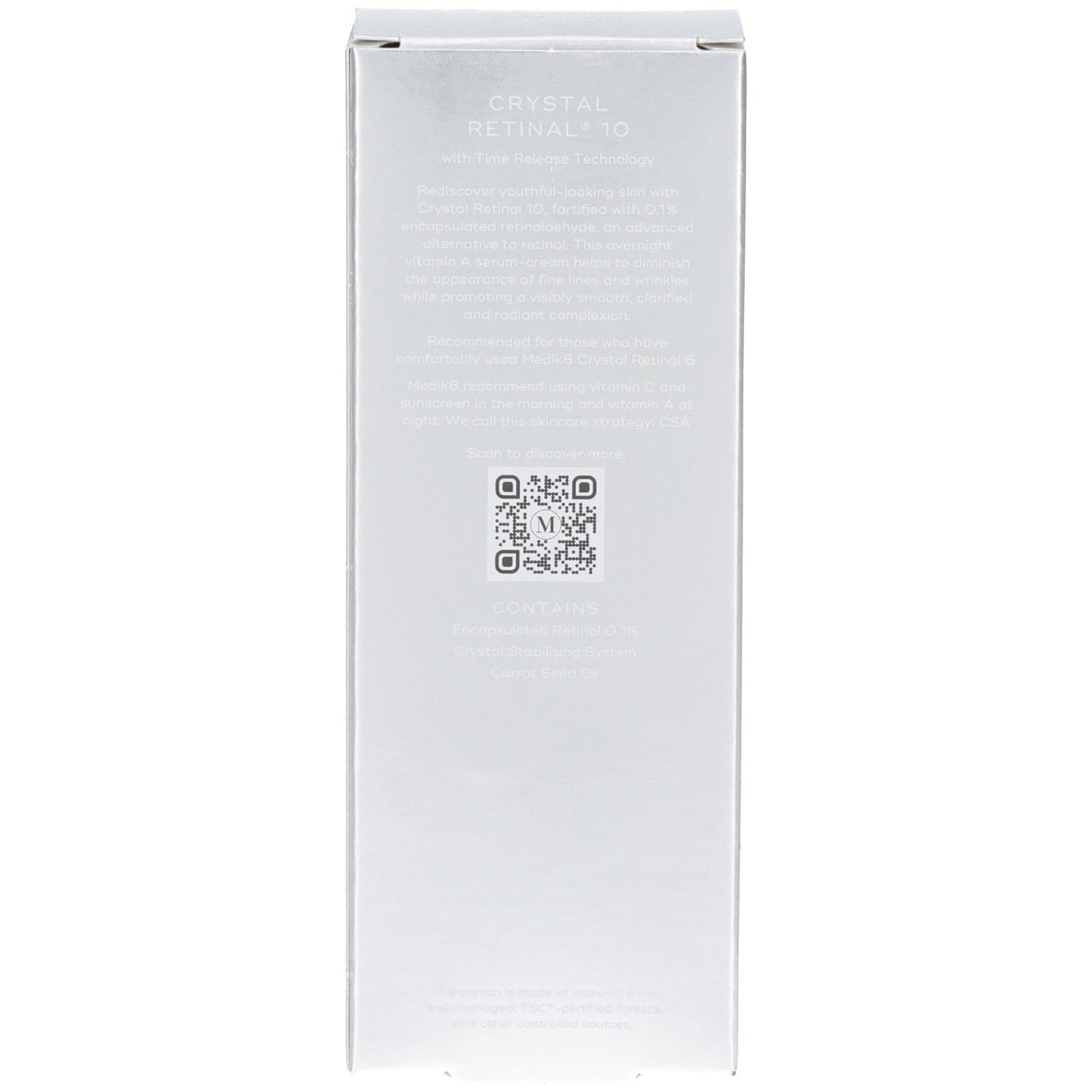 Arrière de l'emballage Medik8 Crystal Retinal 10 avec QR code et instructions.
