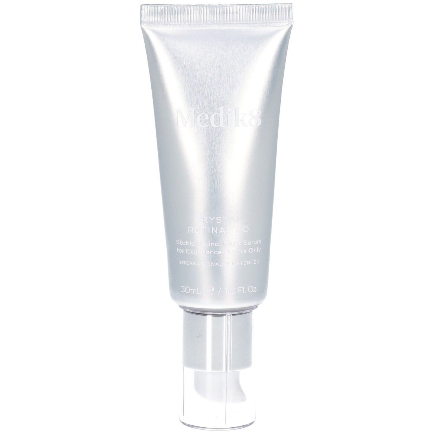 Tube argenté avec pompe, Medik8 Crystal Retinal 20 Siero Notte.