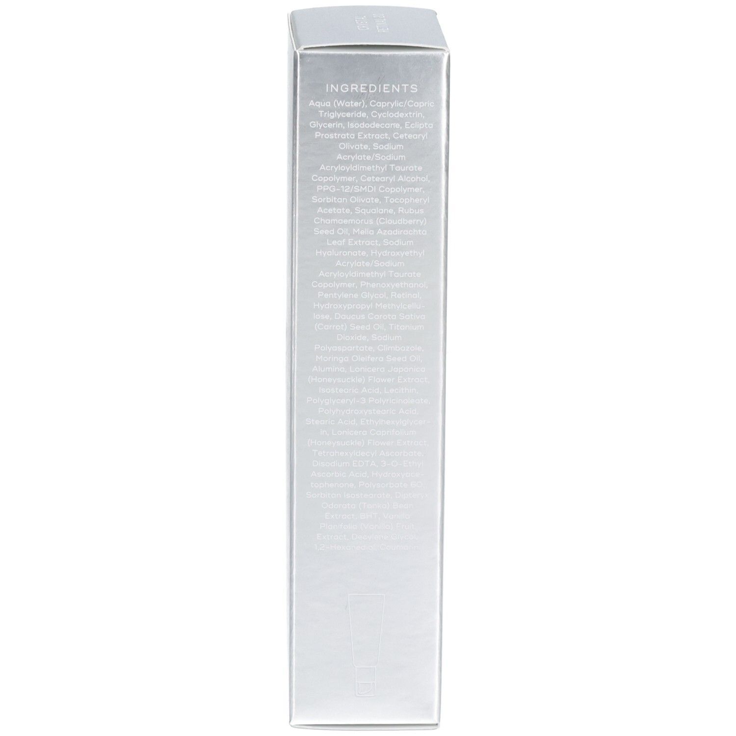 Côté de la boîte d'emballage argentée avec liste des ingrédients.