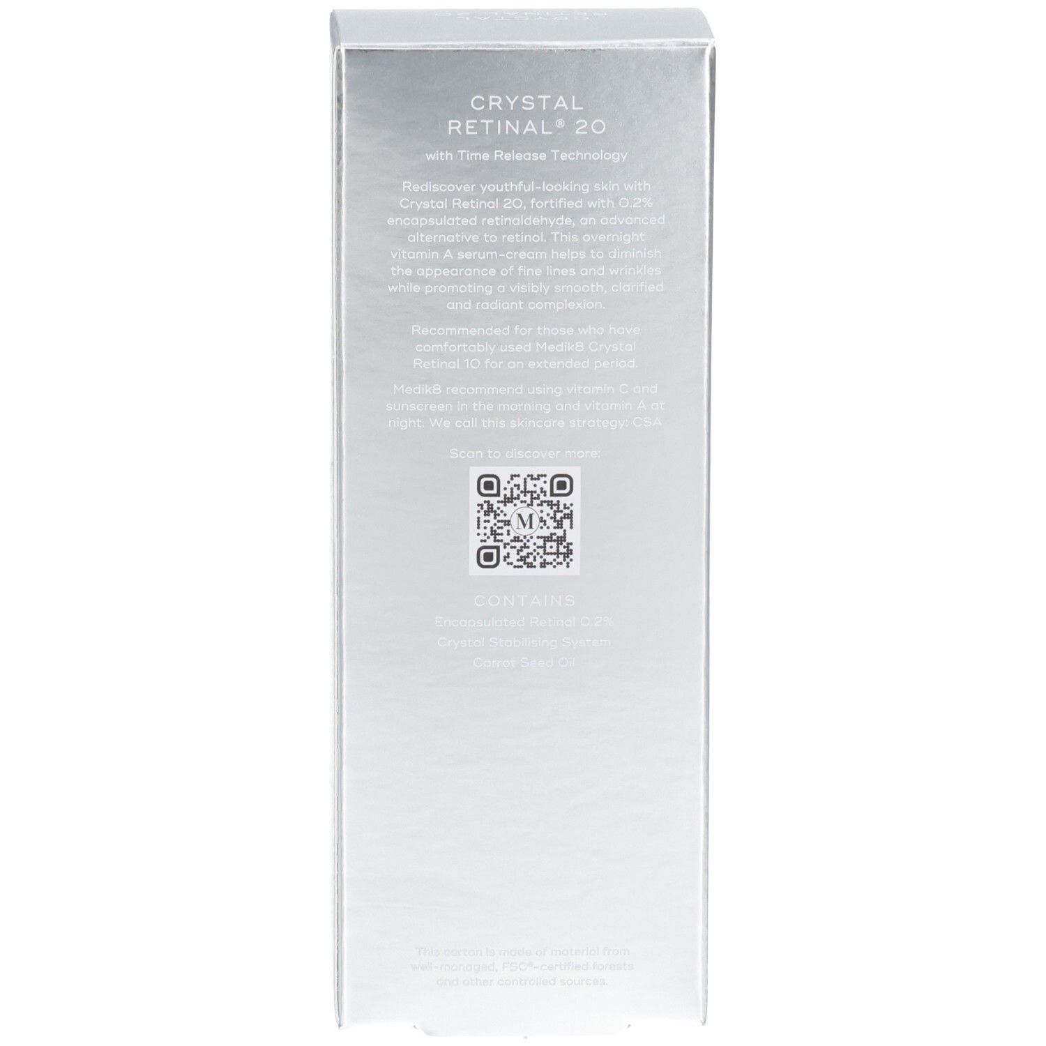 Arrière de la boîte d'emballage argentée avec description du produit et code QR.
