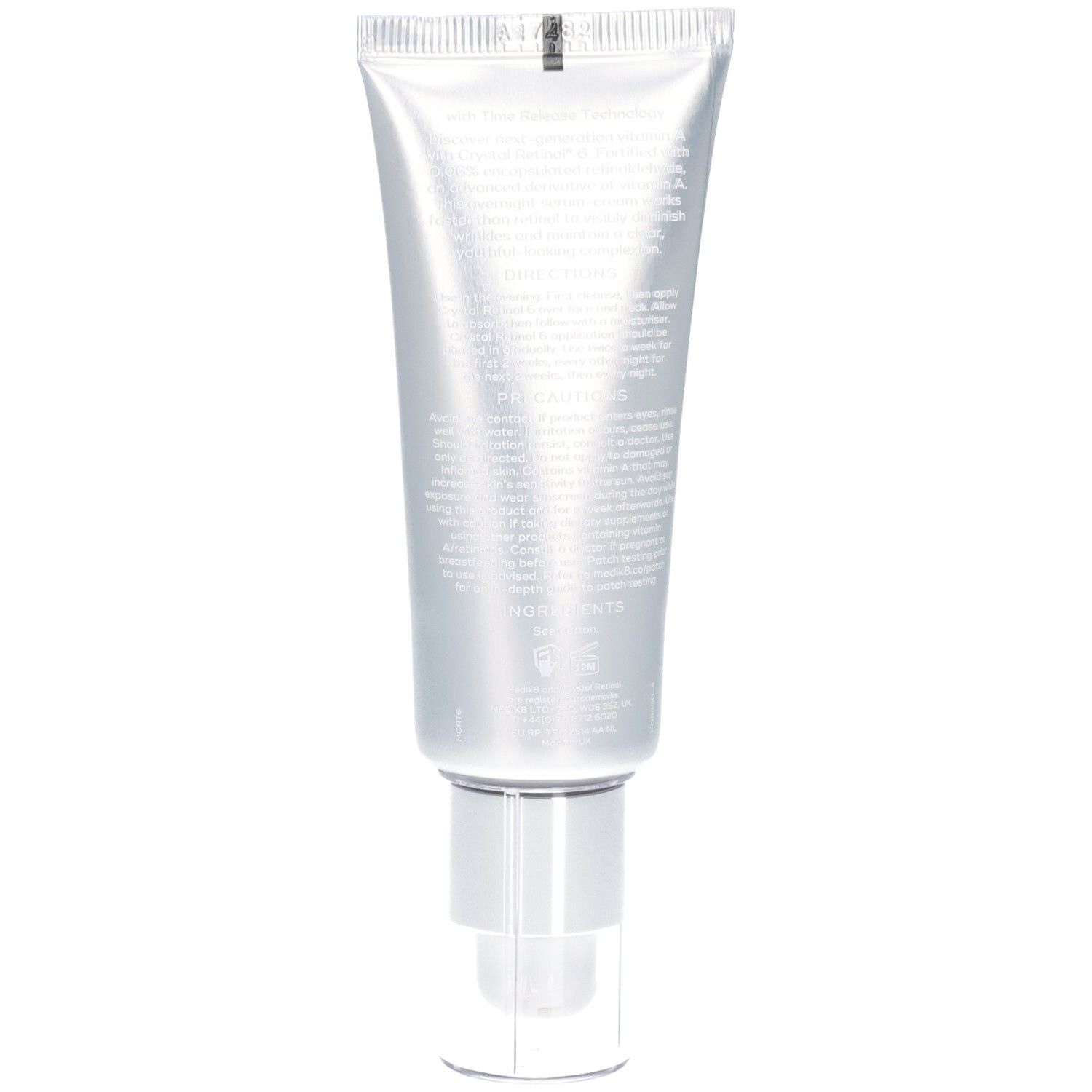 Arrière du tube de sérum Medik8 Kristall Retinal 6 avec informations produit.
