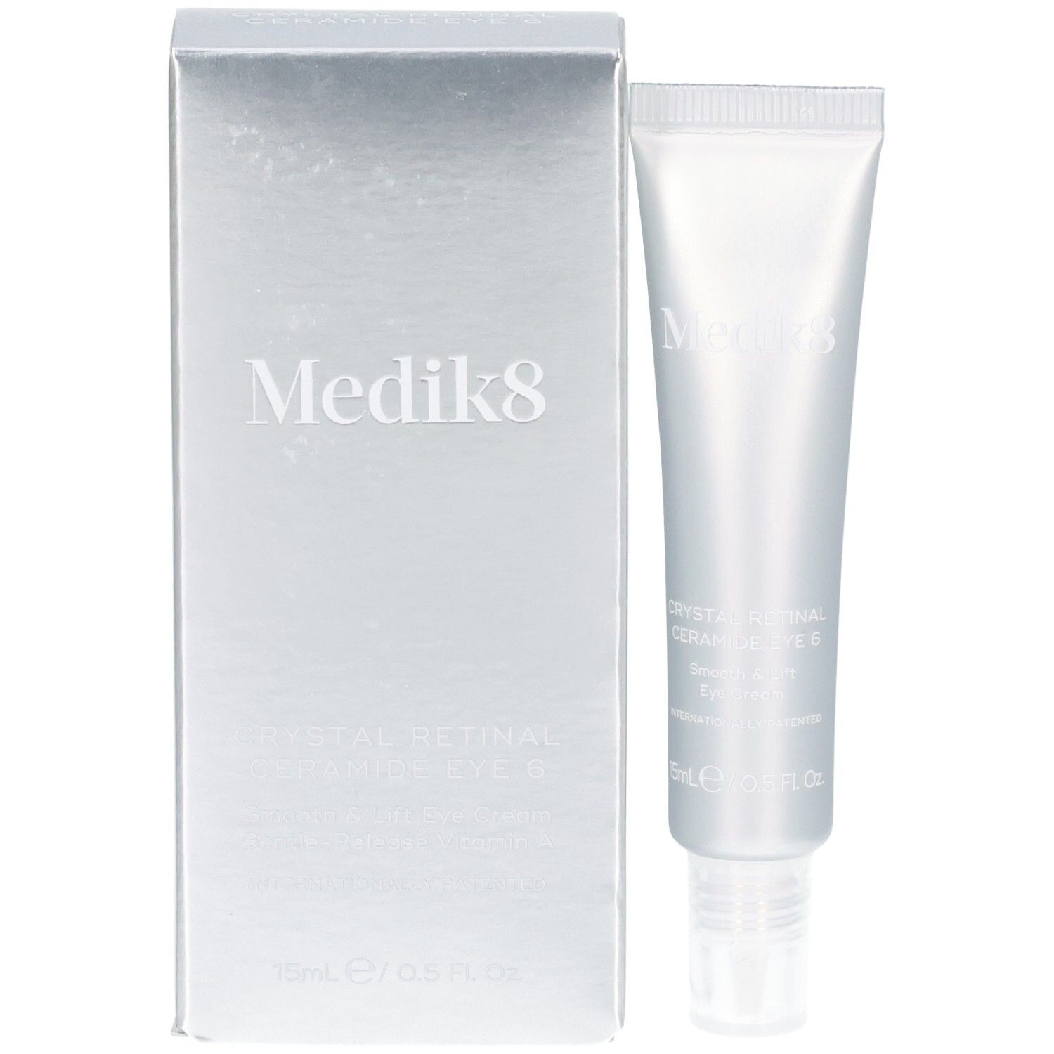 Tube Medik8 Crystal Retinal Ceramide Eye 6 et sa boîte argentée.