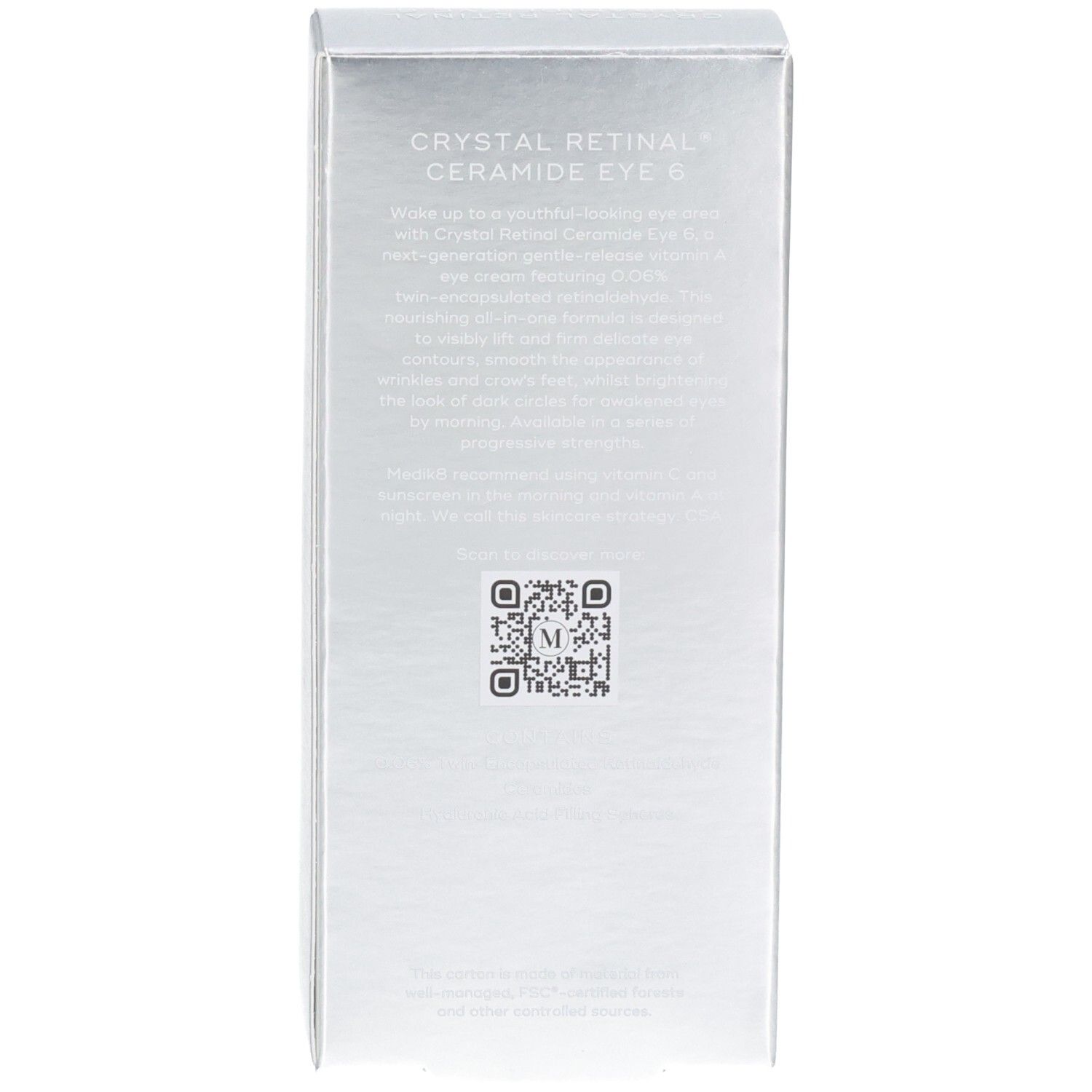 Arrière de la boîte argentée avec description produit et QR code.
