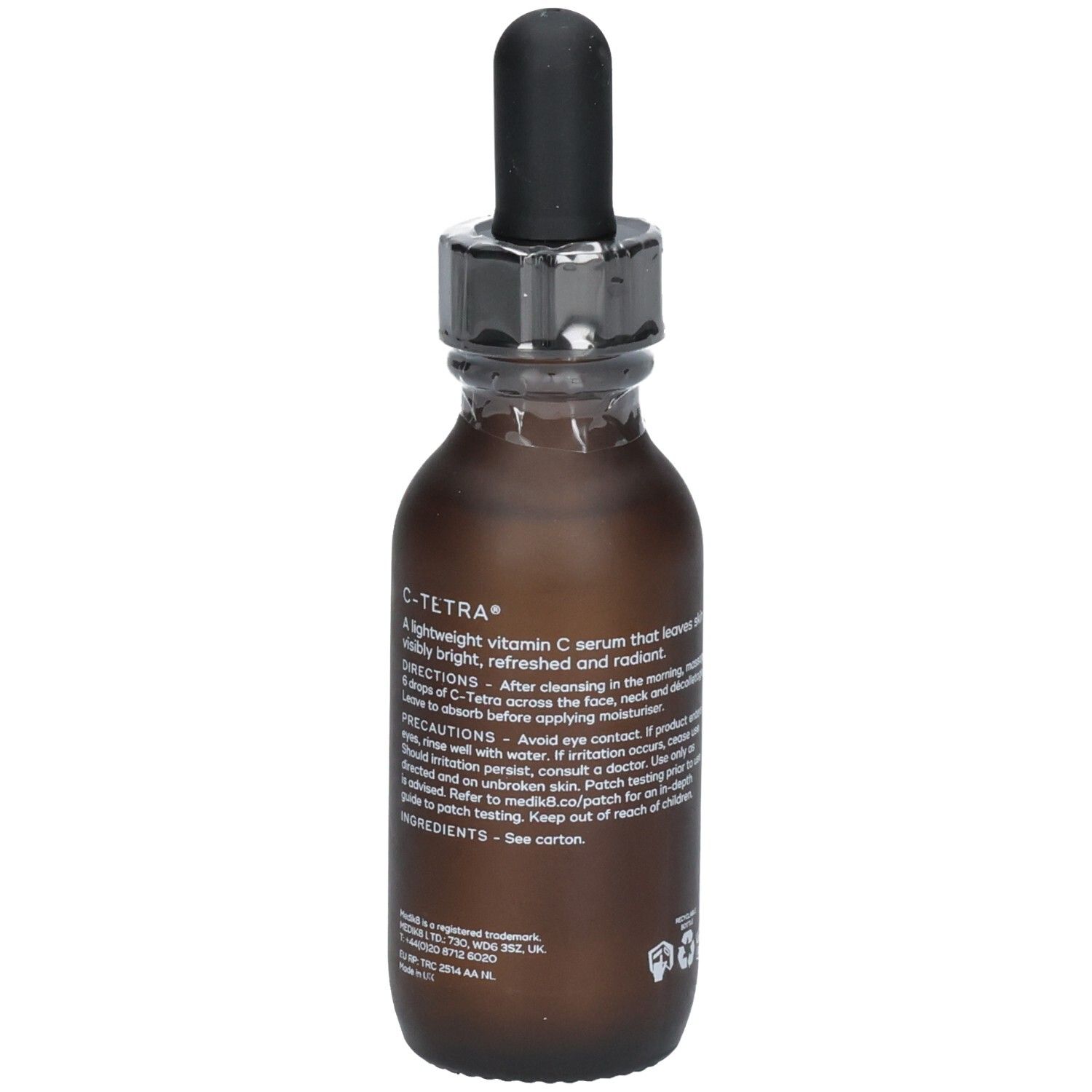 Sérum Medik8 C-Tetra : flacon avec instructions d'utilisation détaillées et ingrédients au dos.