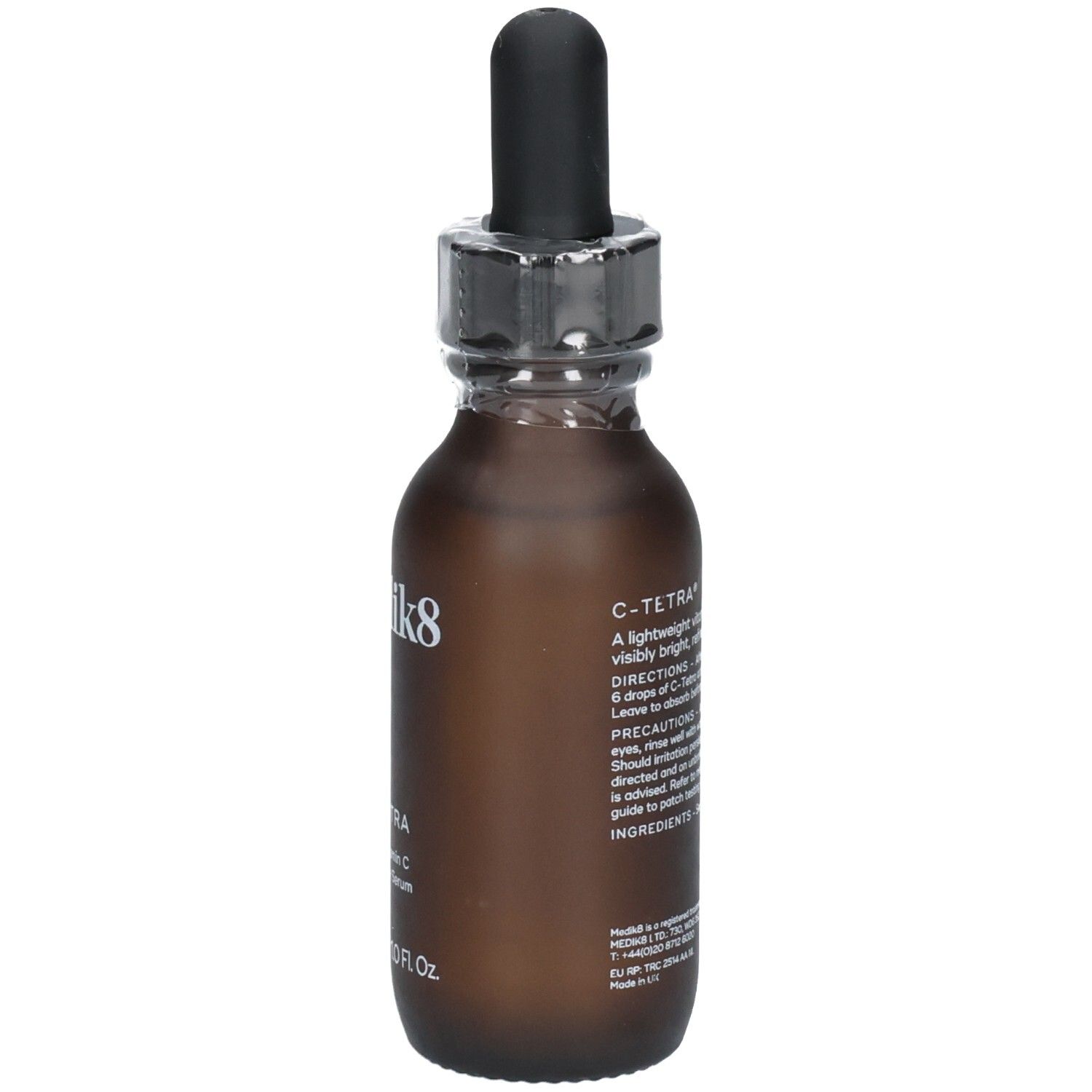 Sérum Medik8 C-Tetra : vue latérale du flacon avec étiquette et compte-gouttes.