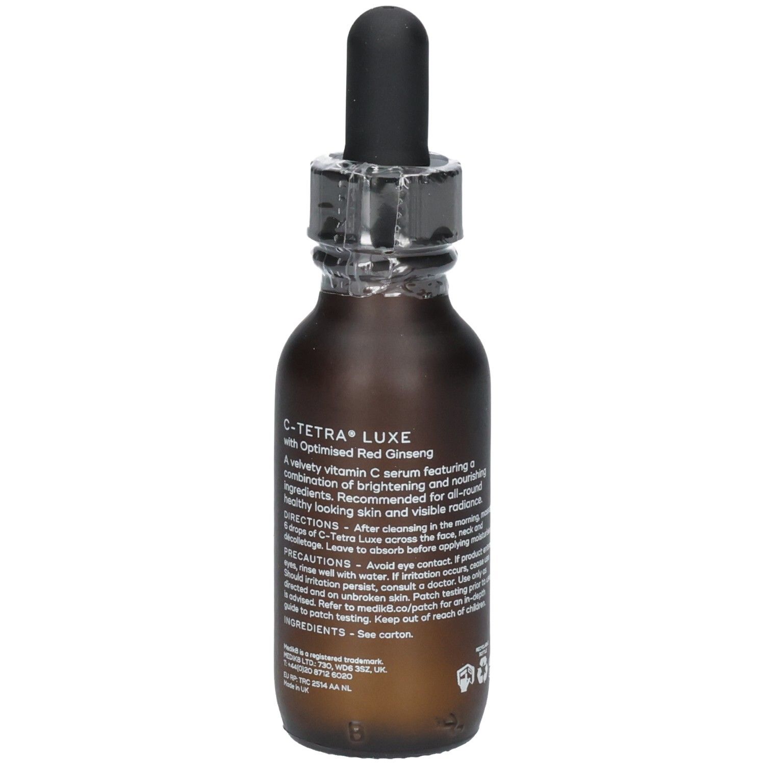 Flacon de sérum Medik8 C-Tetra Luxe avec informations détaillées sur le produit et les ingrédients. 30ml.