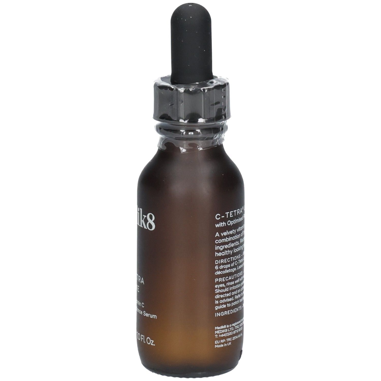 Vue latérale du flacon de sérum Medik8 C-Tetra Luxe avec compte-gouttes. 30ml.