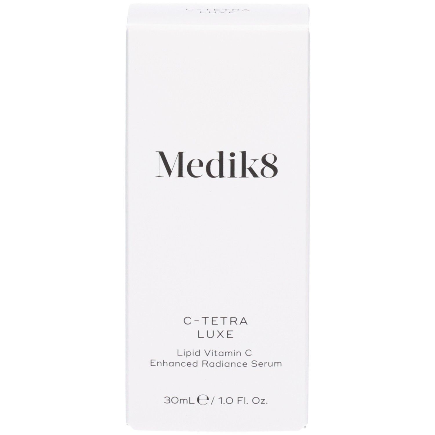 Emballage produit blanc Medik8 C-Tetra Luxe avec texte. 30ml.