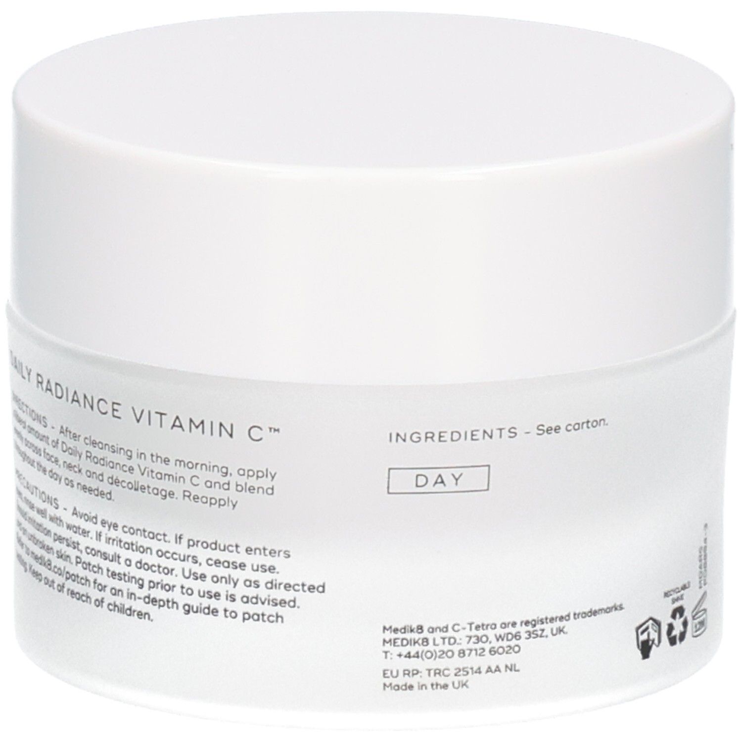 Achterkant van de Medik8 C-Tetra Cream SPF 30 pot met gebruiksinstructies.