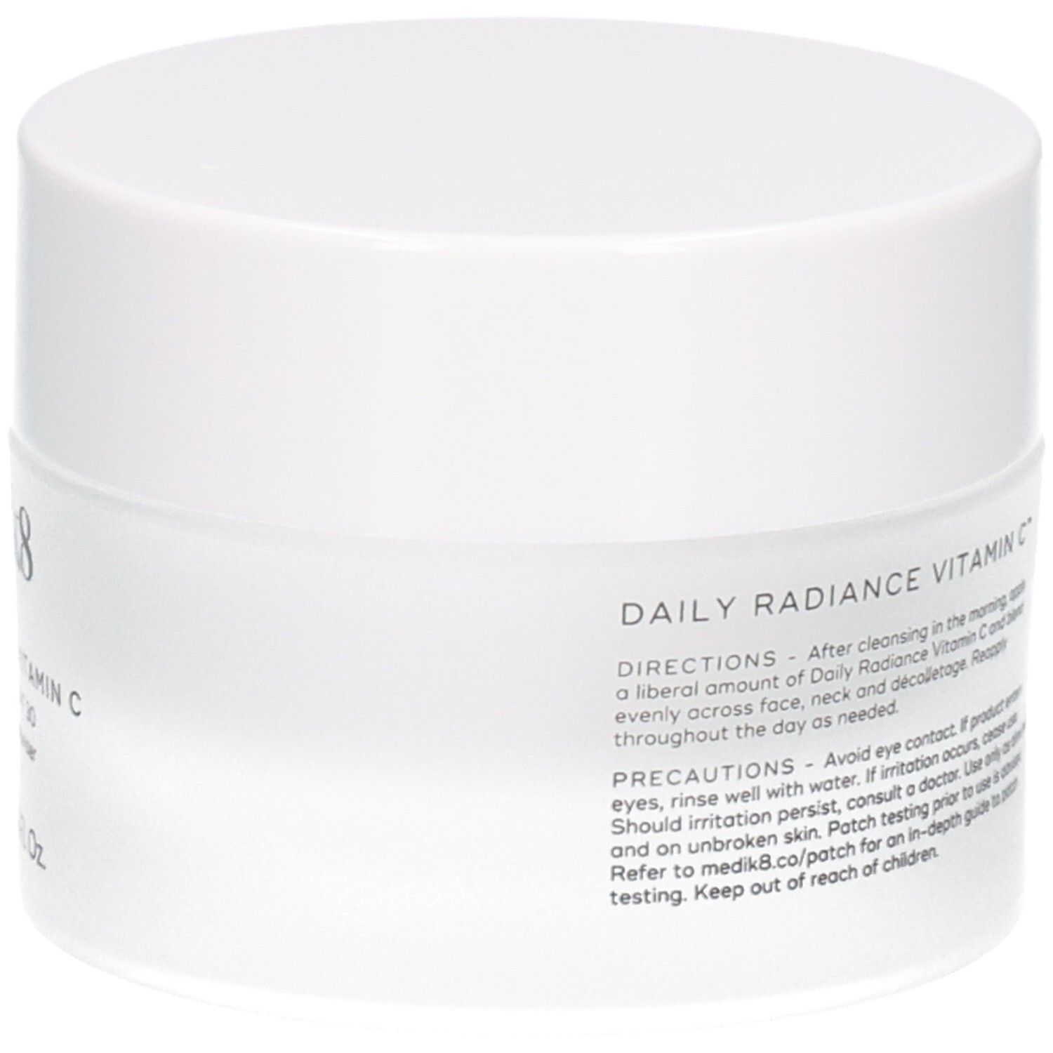Achterkant van de Medik8 C-Tetra Cream SPF 30 pot met voorzorgsmaatregelen.