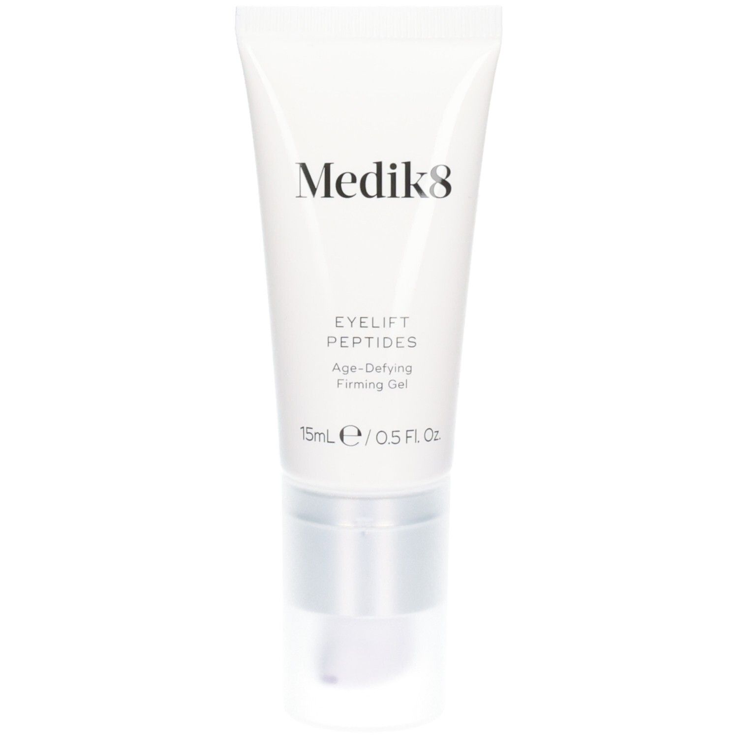Medik8 Eyelift Peptides: Witte tube met zilveren pompdop. Bevat Age-Defying Firming Gel.