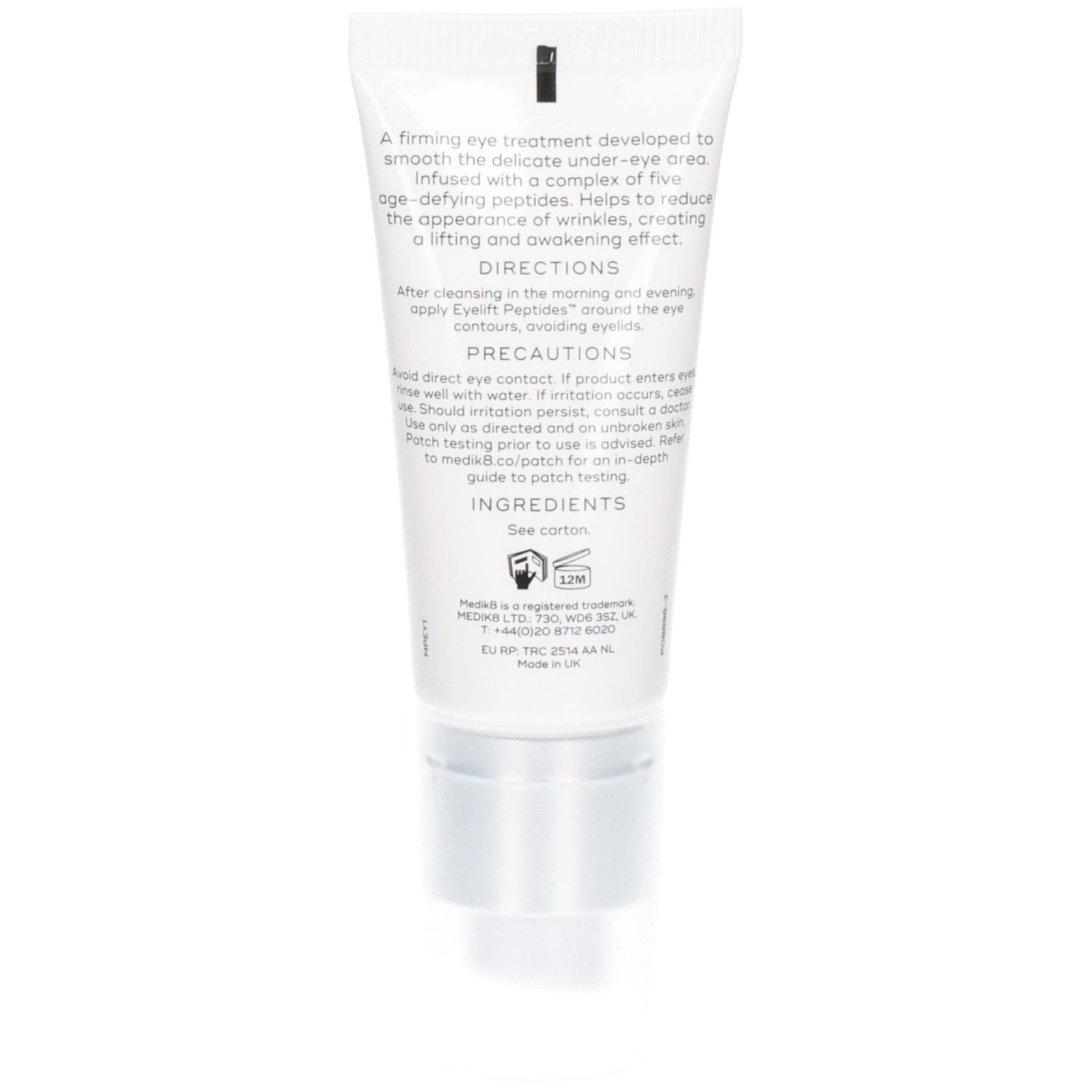 Achterkant van de Medik8 Eyelift Peptides tube met gebruiksinstructies en ingrediënten.