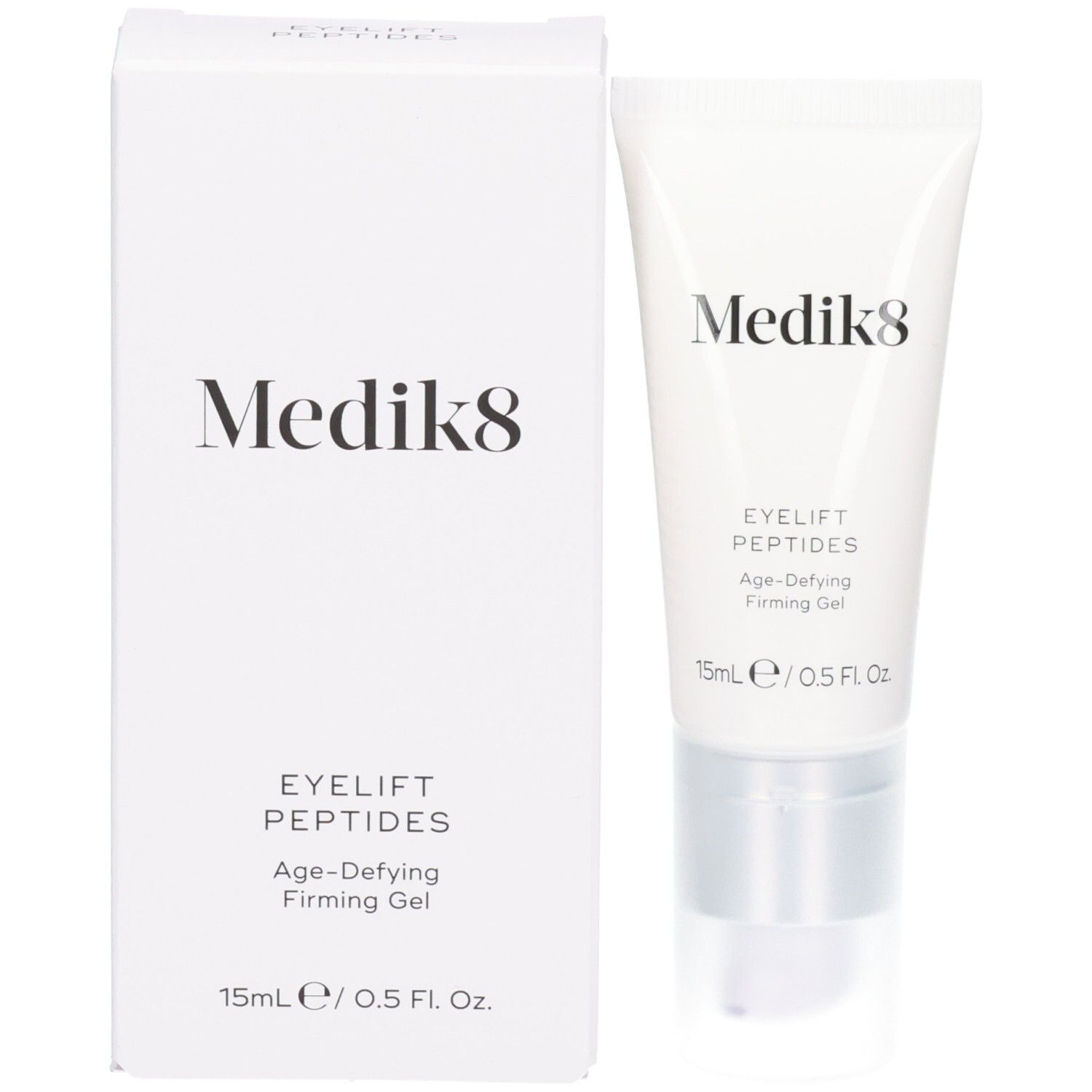 Medik8 Eyelift Peptides tube en doosje naast elkaar. Beide met productnaam en beschrijving.