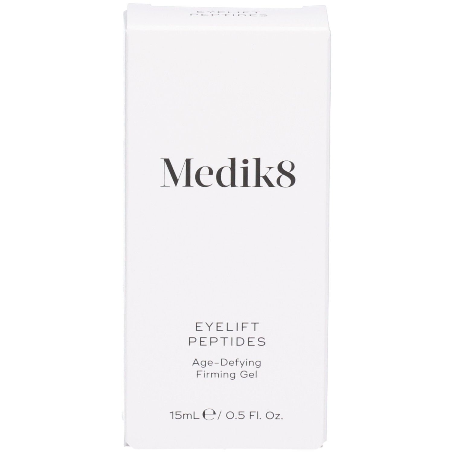 Wit doosje voor Medik8 Eyelift Peptides, met merknaam en productomschrijving.