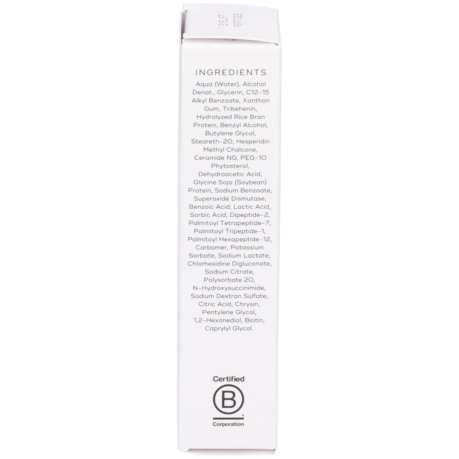 Zijde van het Medik8 Eyelift Peptides doosje met gedetailleerde ingrediëntenlijst en B Corp certificering.
