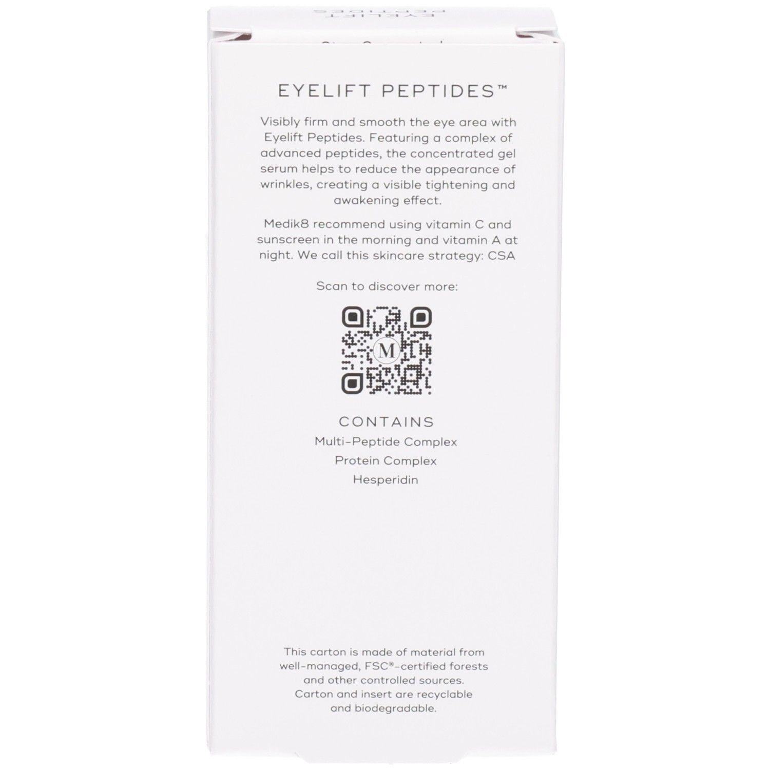 Achterkant van het Medik8 Eyelift Peptides doosje met productbeschrijving, QR-code en hoofdingrediënten.