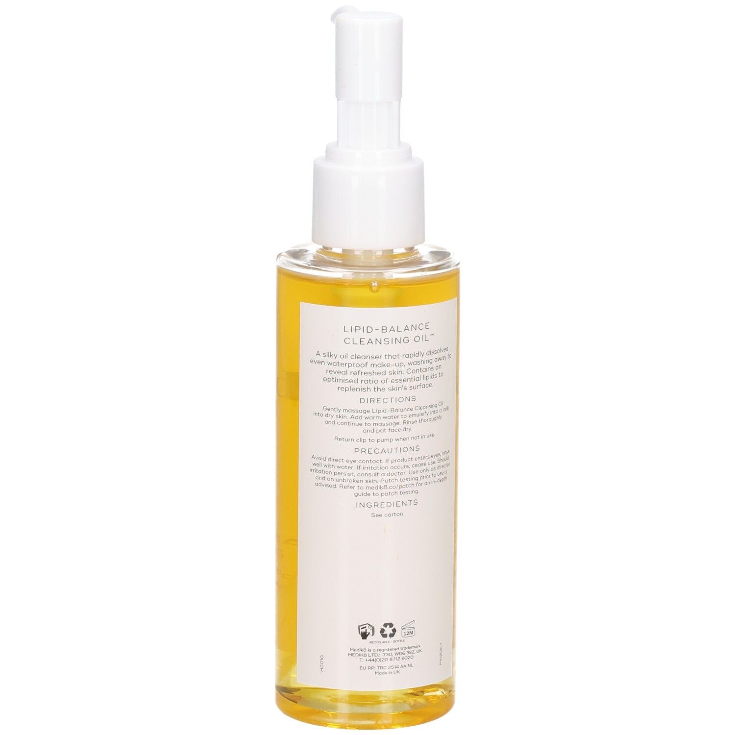 Arrière du flacon d'huile nettoyante Medik8 Lipid-Balance avec instructions.