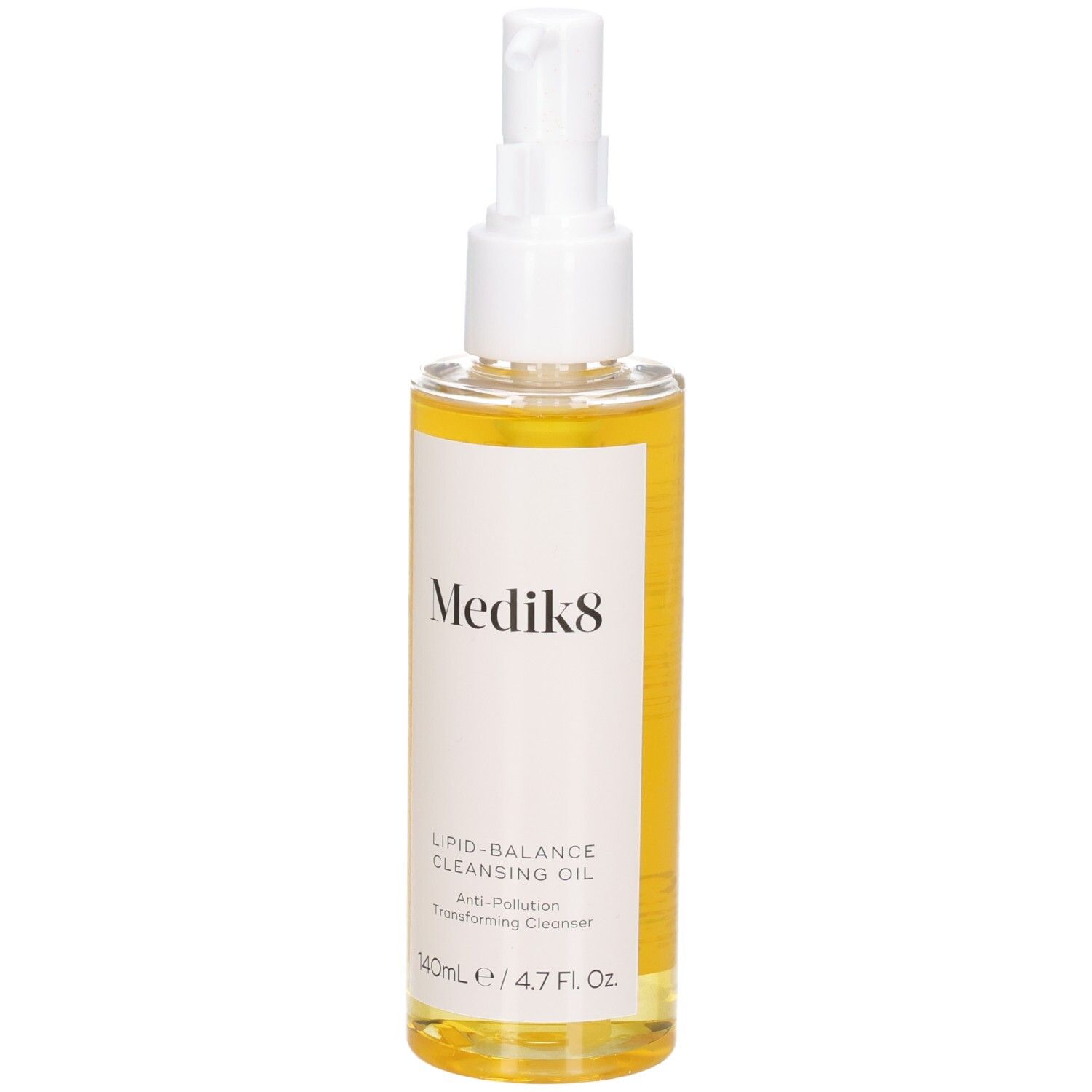 Flacon d'huile nettoyante Medik8 Lipid-Balance avec pompe, vue de face.