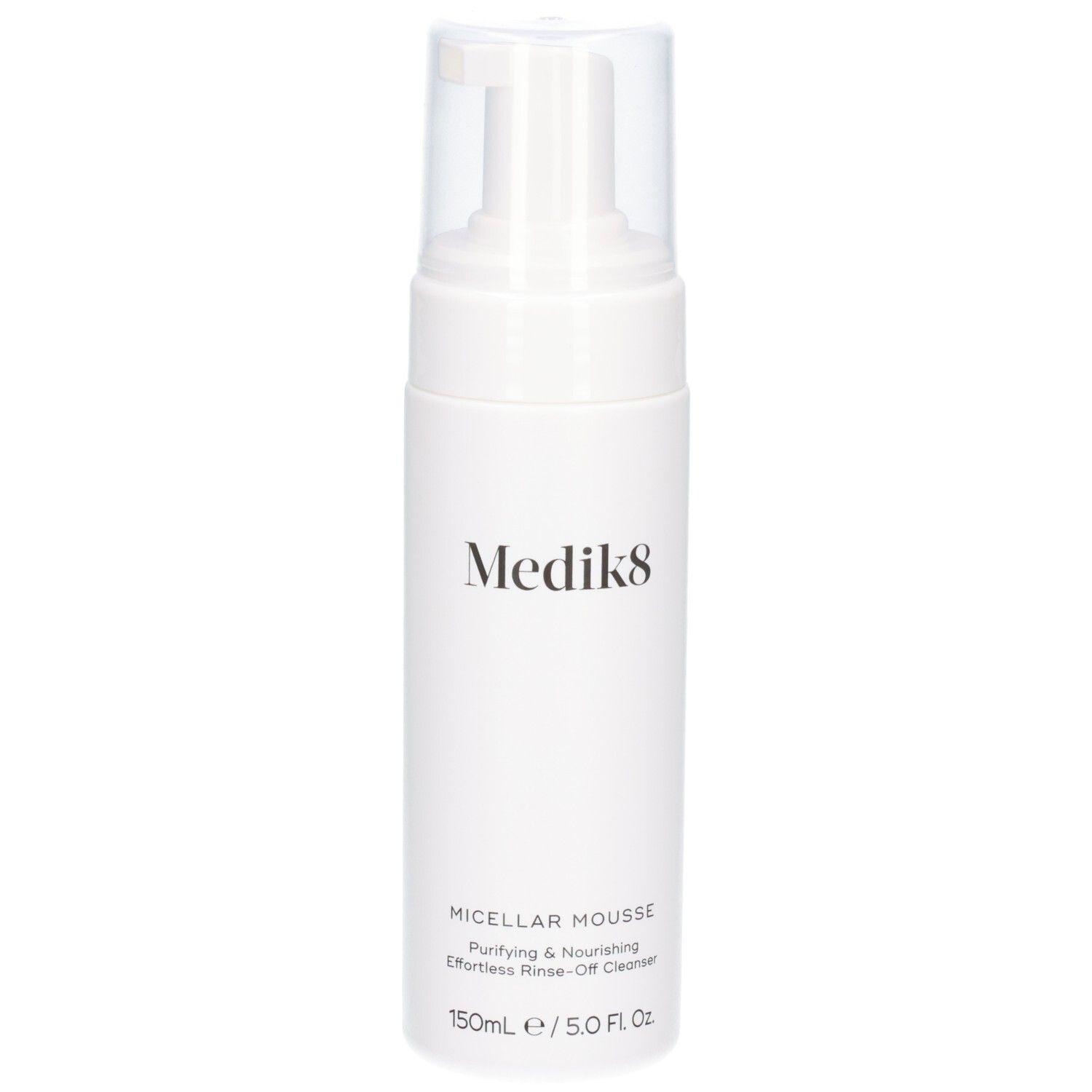 Medik8 Micellar Mousse fles met pompdispenser en transparante dop. 150ml / 5.0 Fl. Oz.