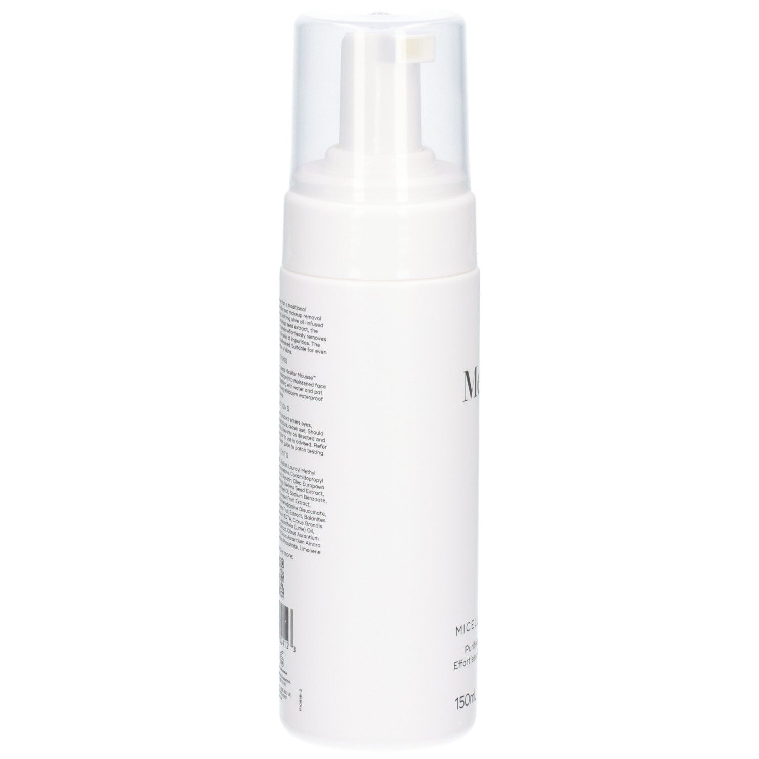 Medik8 Micellar Mousse fles, achterkant met ingrediëntenlijst en instructies. 150ml.