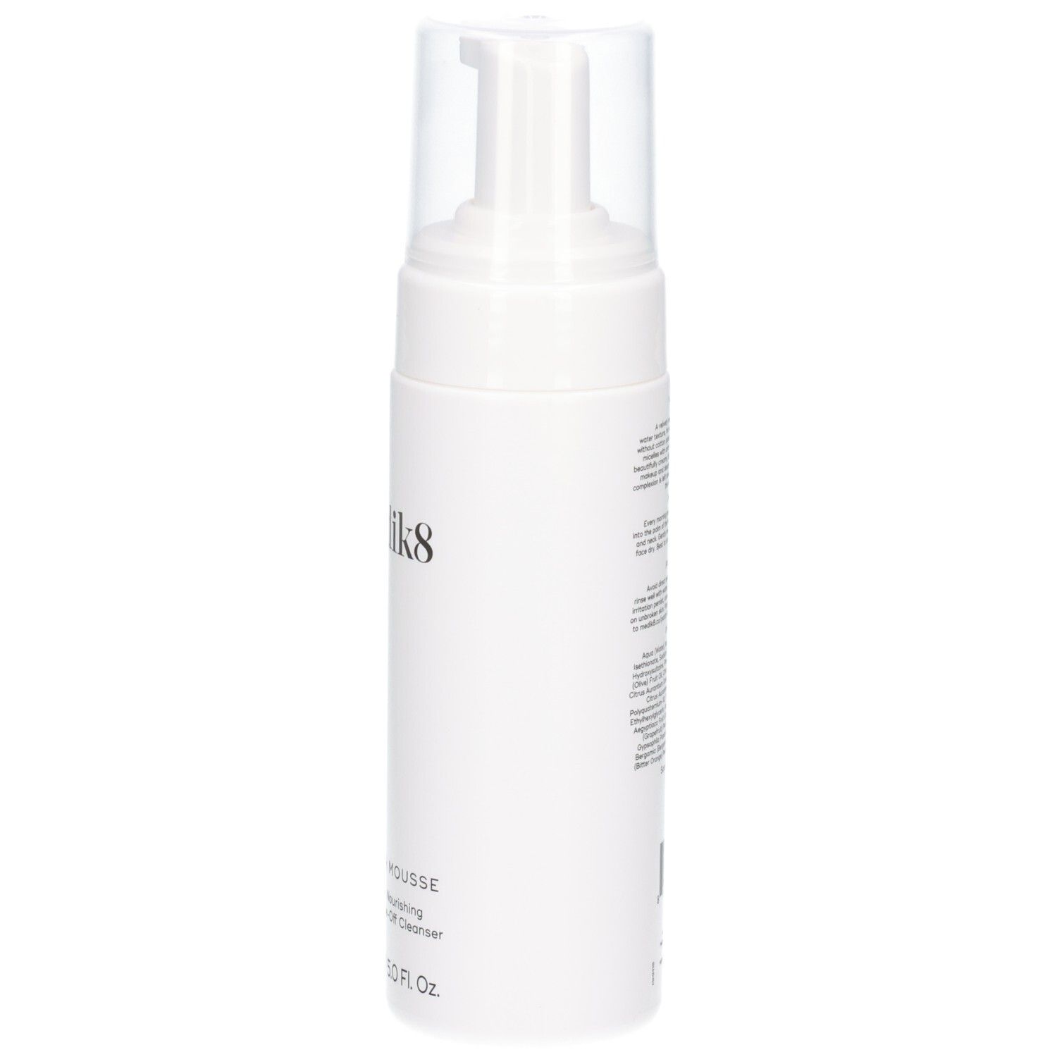 Medik8 Micellar Mousse fles, zijaanzicht met pompdispenser en transparante dop.
