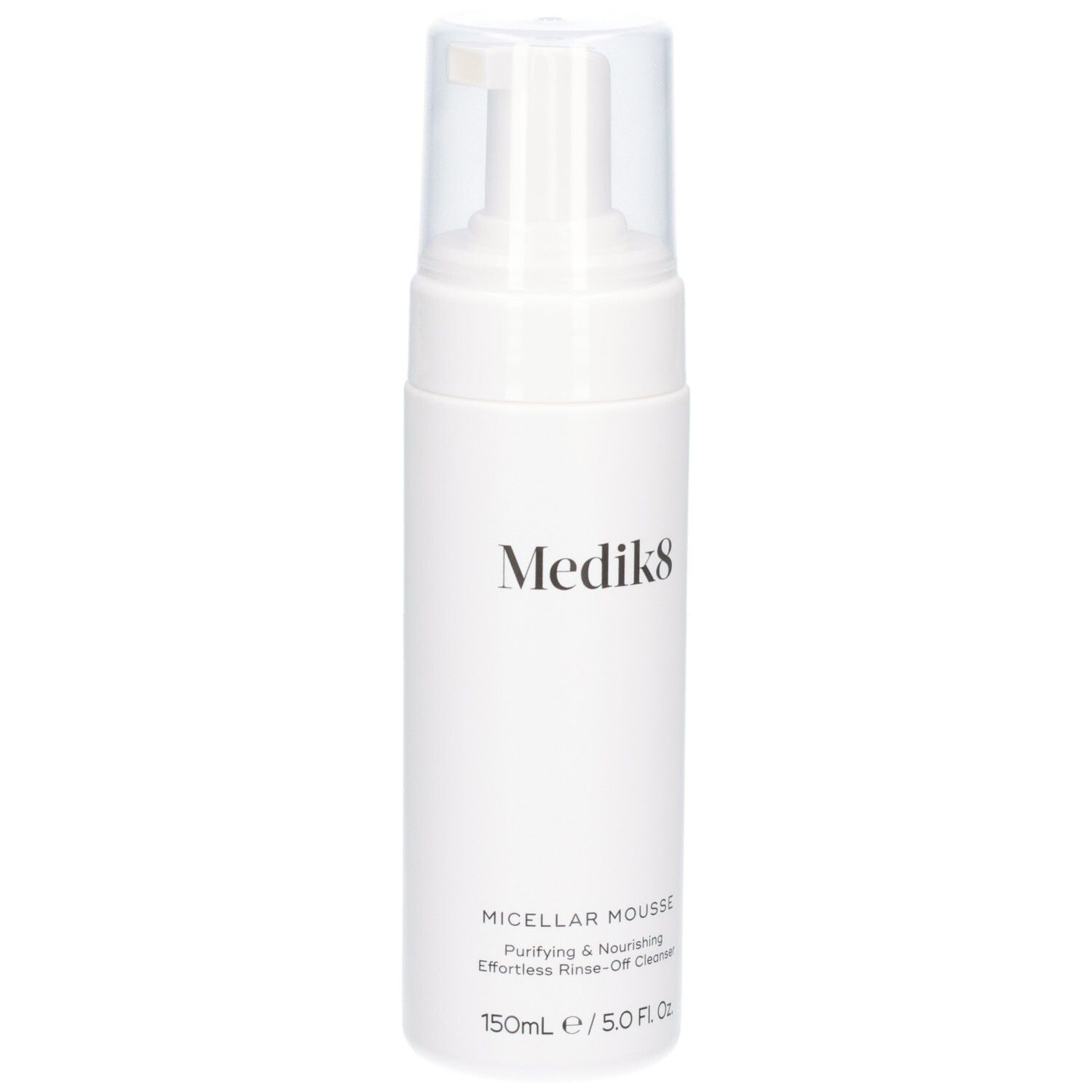 Medik8 Micellar Mousse fles met pompdispenser en transparante dop. 150ml / 5.0 Fl. Oz.