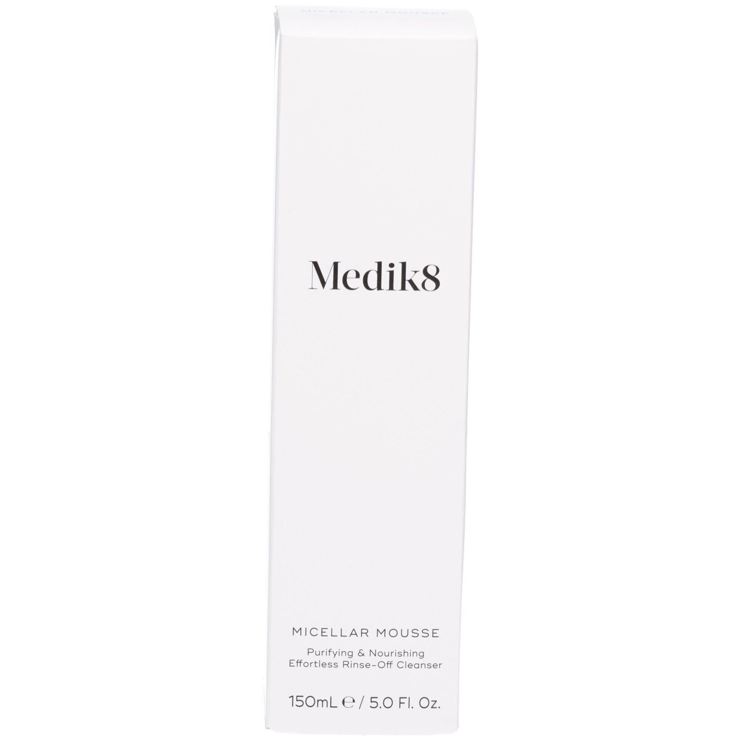 Medik8 Micellar Mousse omverpakking met productinformatie. 150ml / 5.0 Fl. Oz.