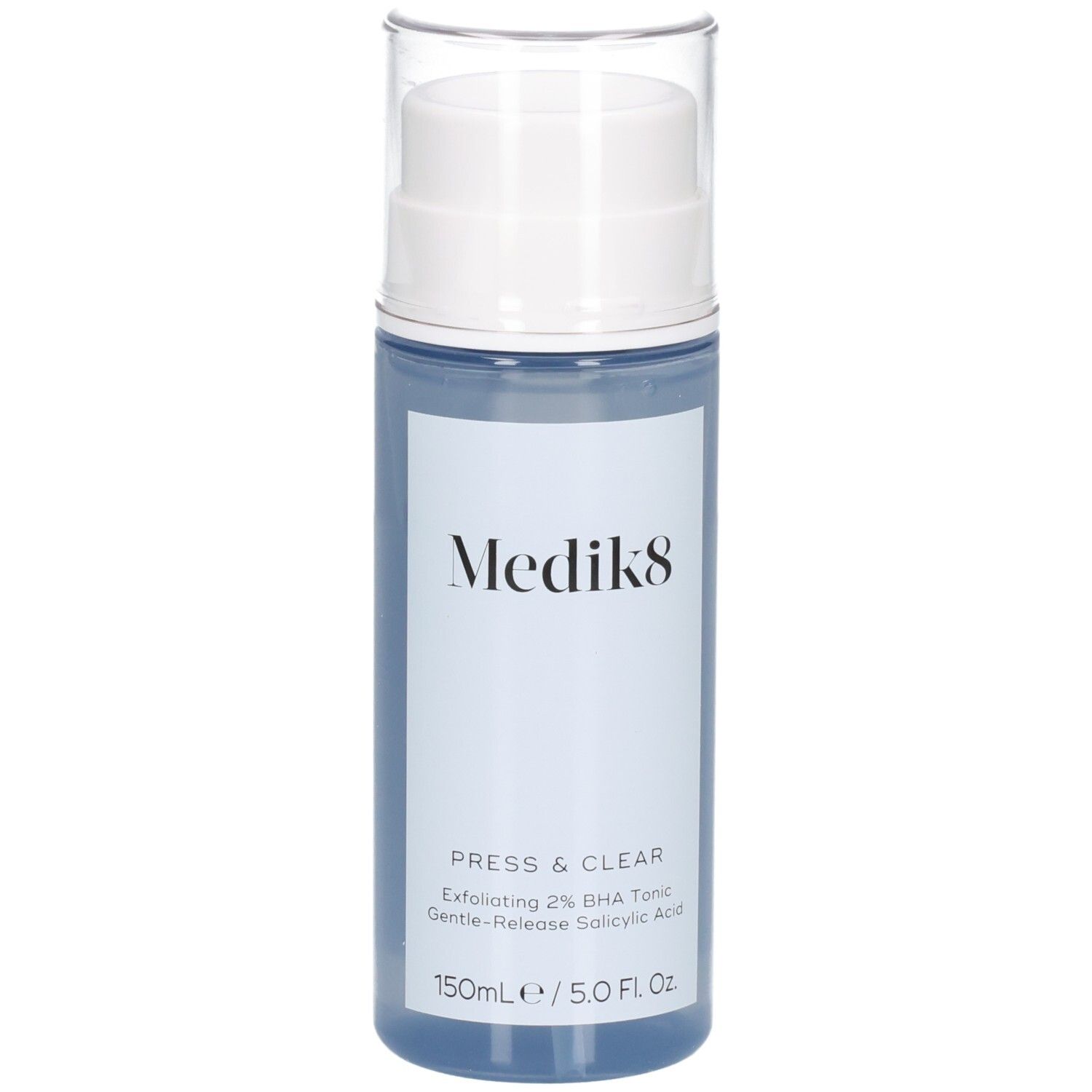 Medik8 Press & Clear, flacon de 150ml avec pompe et capuchon transparent.