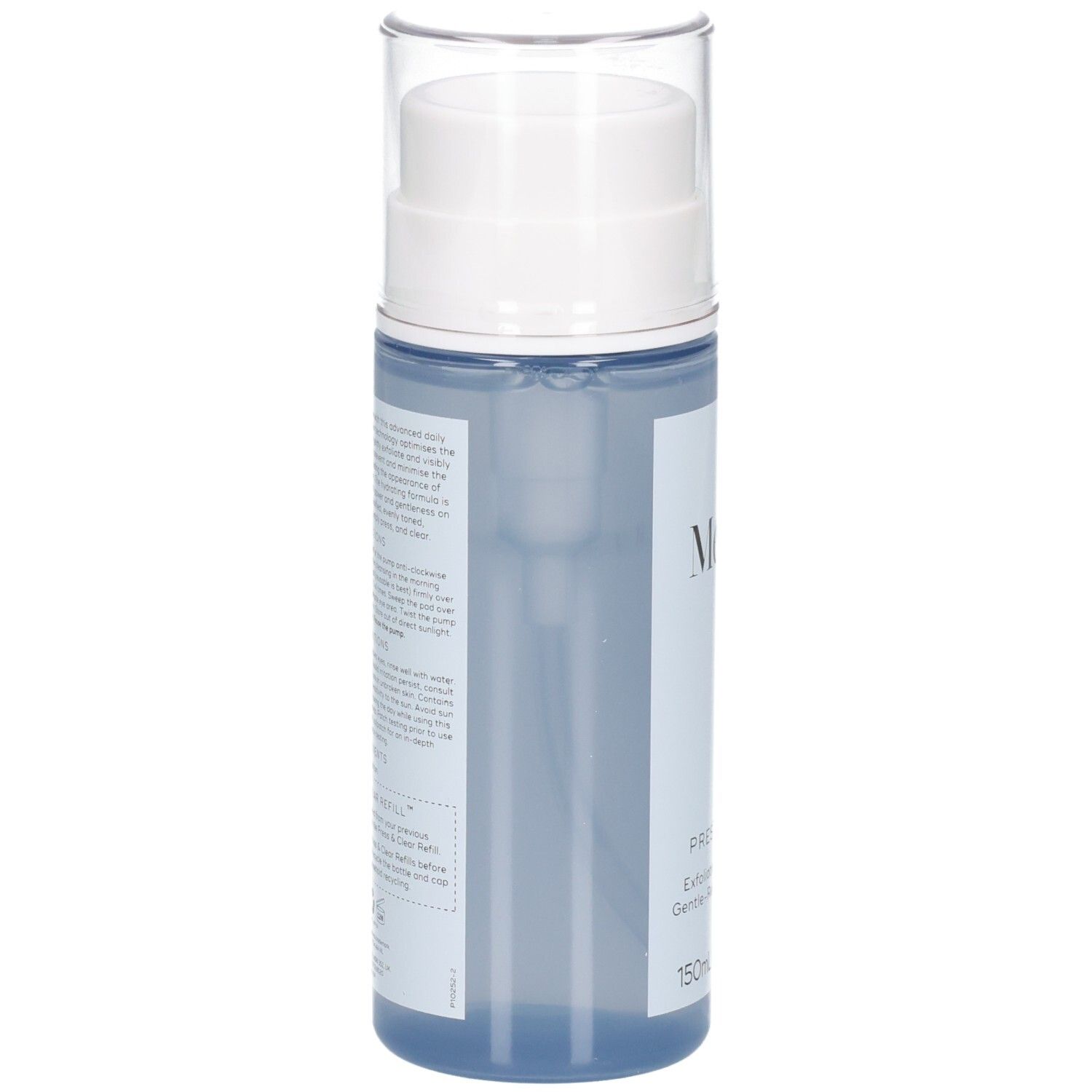Arrière du flacon Medik8 Press & Clear 150ml avec instructions détaillées.