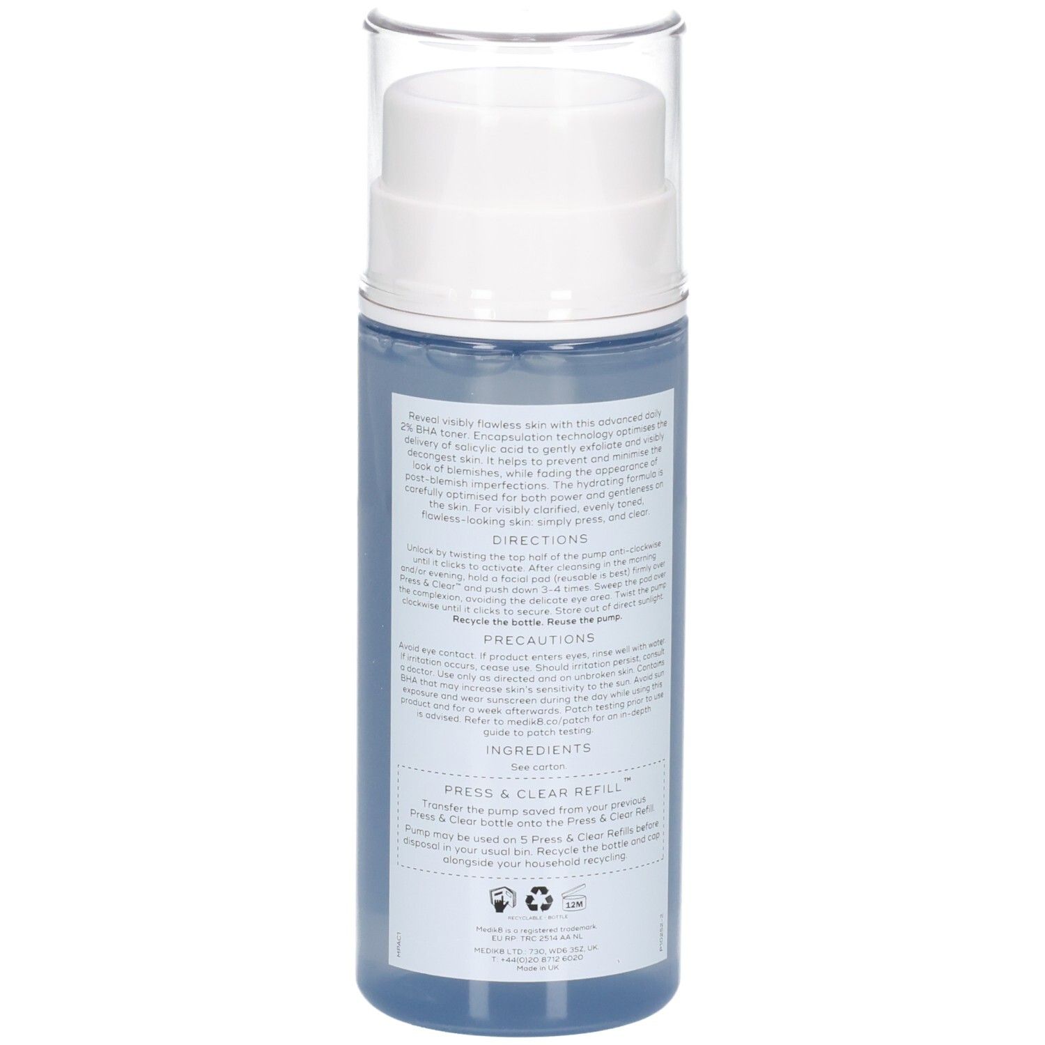 Arrière du flacon Medik8 Press & Clear 150ml avec ingrédients et précautions.