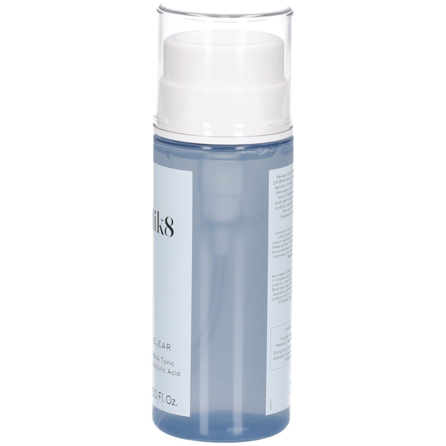 Flacon Medik8 Press & Clear 150ml, vue de côté avec pompe et capuchon transparent.
