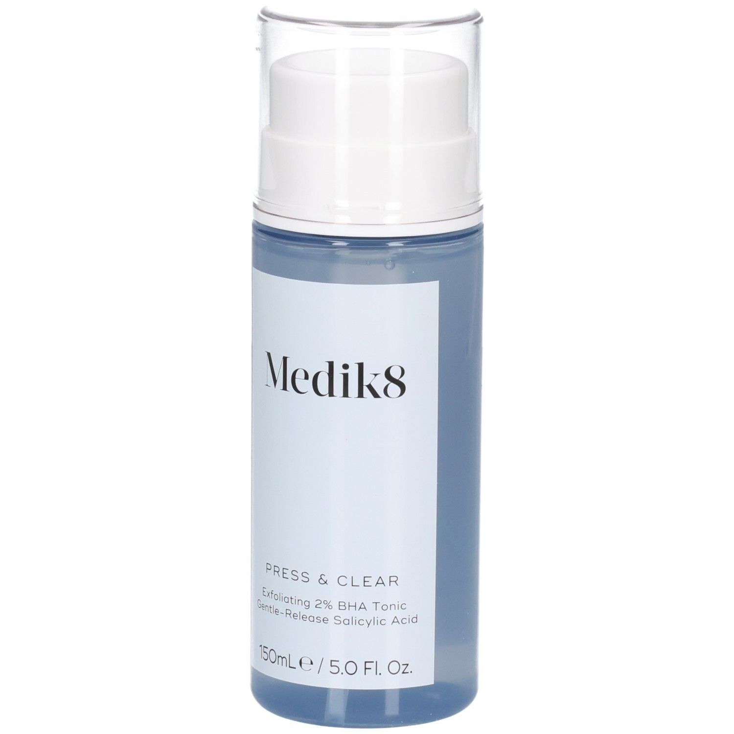 Flacon Medik8 Press & Clear 150ml avec pompe et capuchon transparent, vue de face.