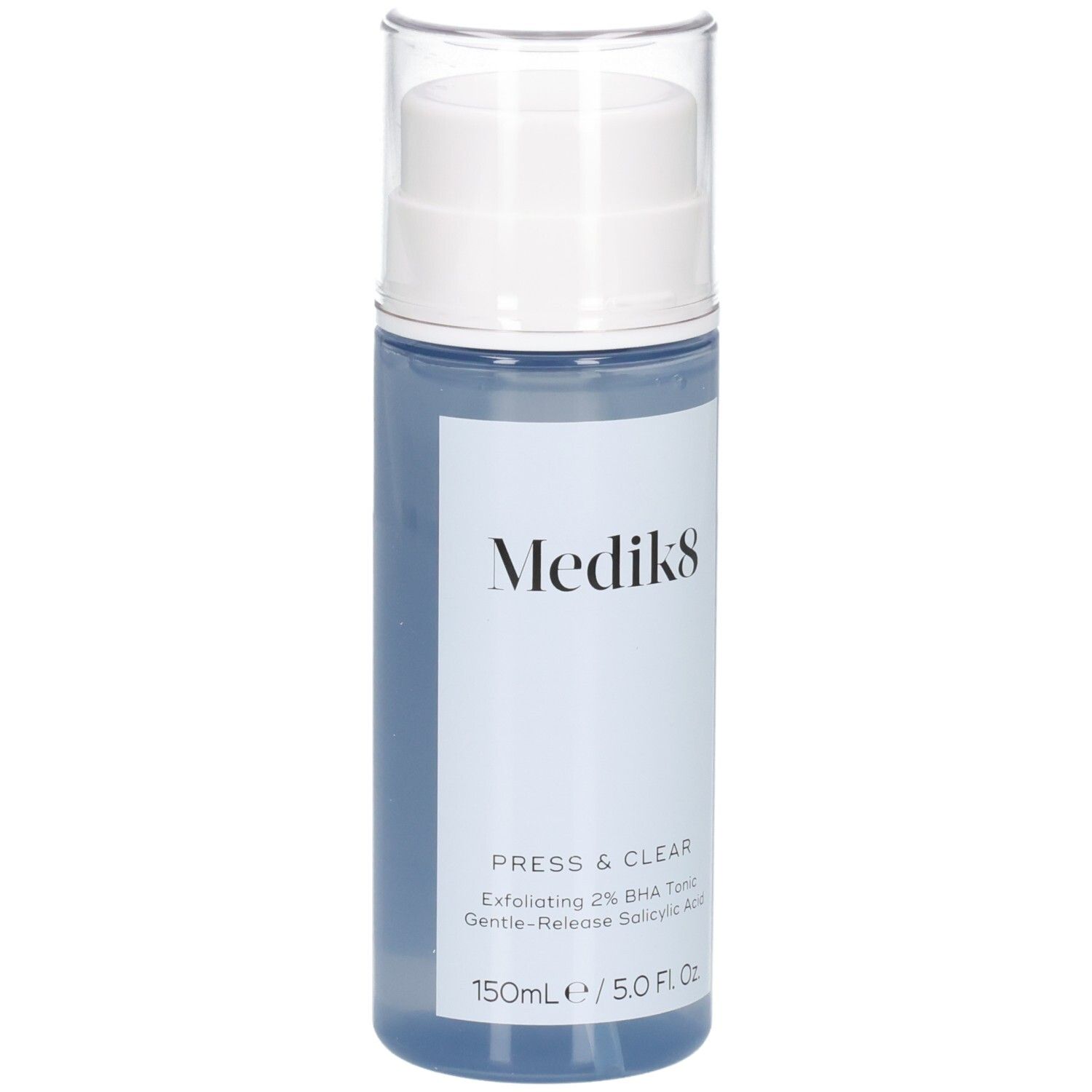 Flacon Medik8 Press & Clear 150ml, vue de face avec pompe et capuchon transparent.
