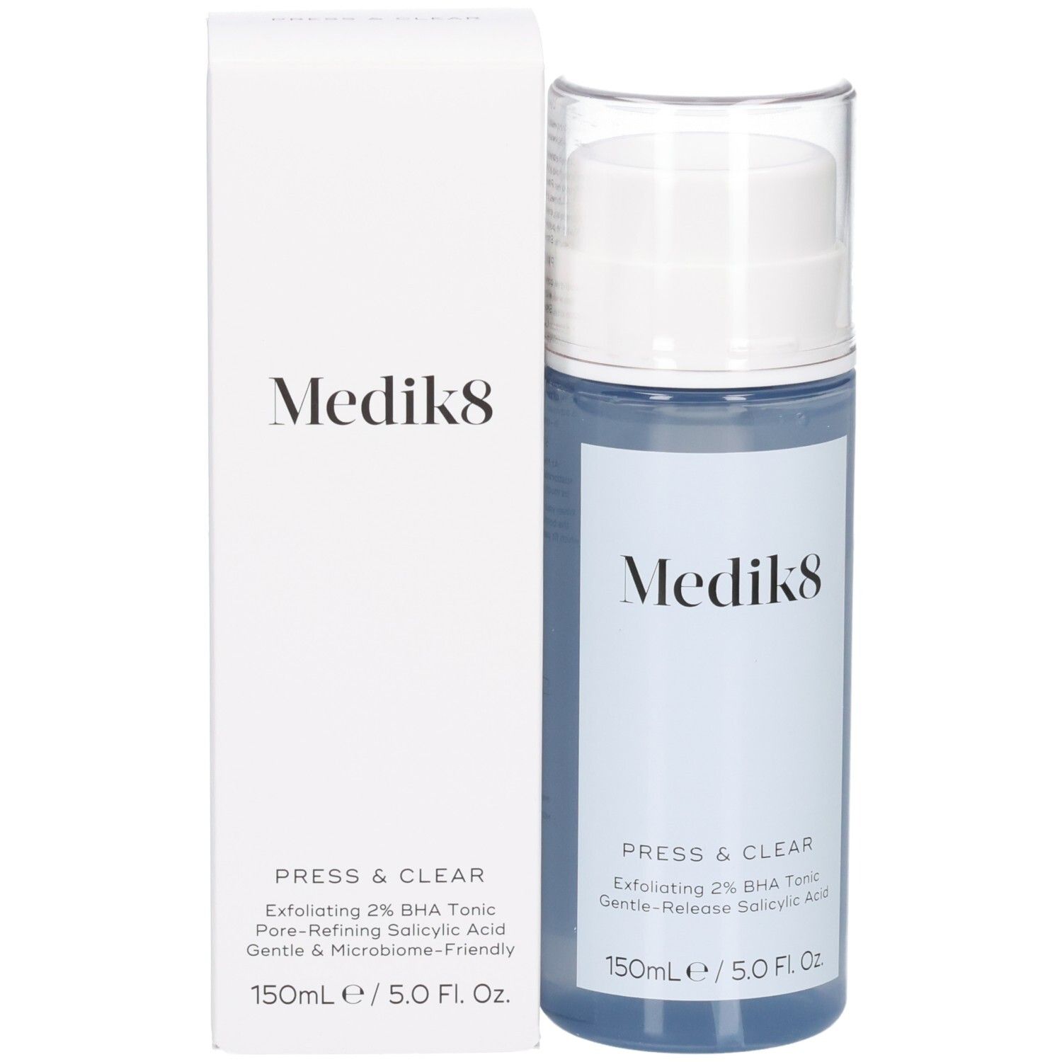 Flacon Medik8 Press & Clear 150ml et sa boîte d'emballage, tous deux avec informations produit.